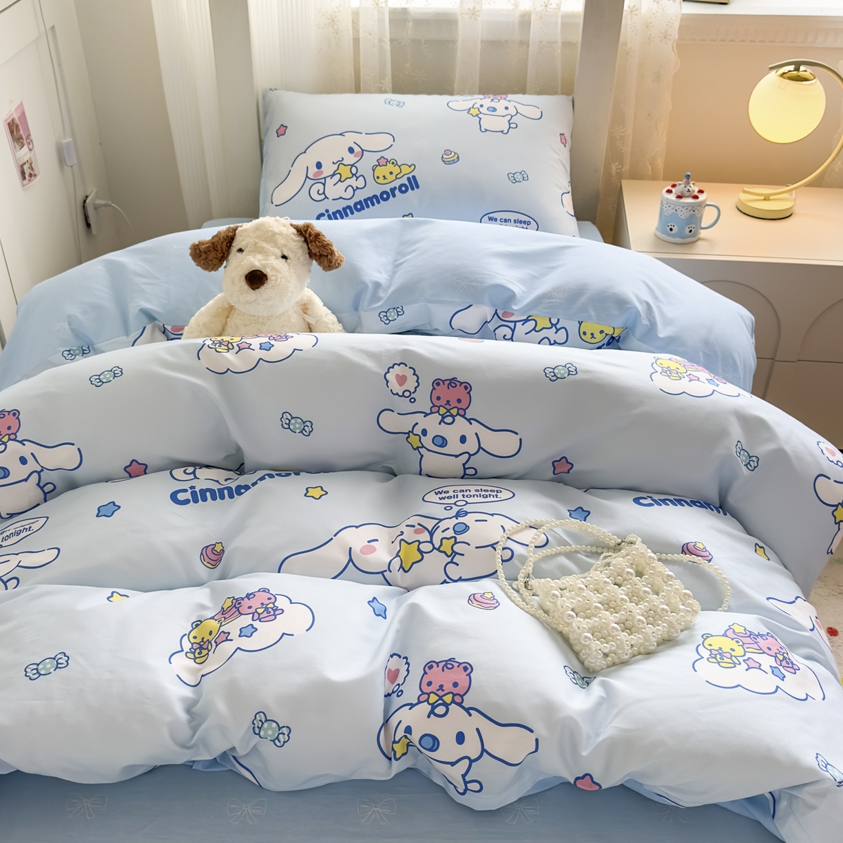 91家纺网 家纺一手货源 找家纺 浩诚 2025新款三丽鸥专版花型全棉纯棉学生三件套四件套 奶霜