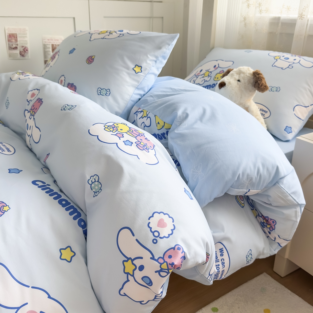 91家纺网 家纺一手货源 找家纺 浩诚 2025新款三丽鸥专版花型全棉纯棉学生三件套四件套 奶霜