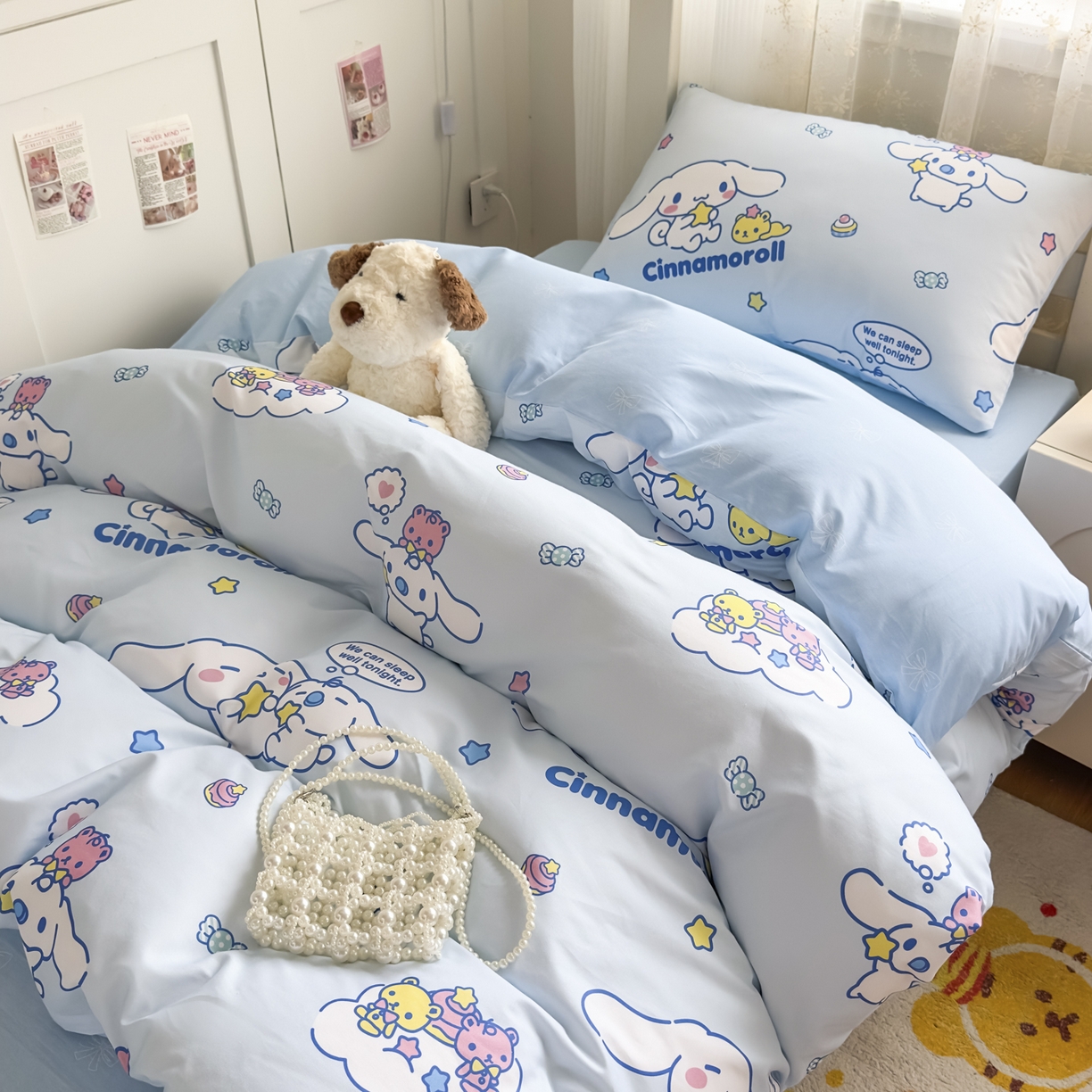 91家纺网 家纺一手货源 找家纺 浩诚 2025新款三丽鸥专版花型全棉纯棉学生三件套四件套 奶霜