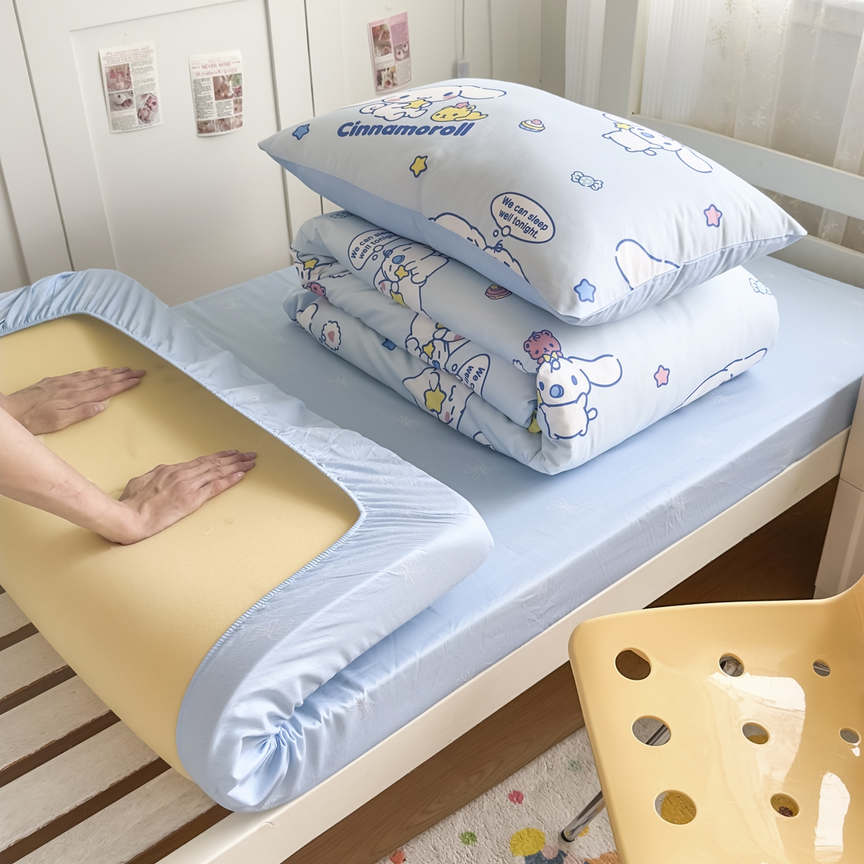 91家纺网 家纺一手货源 找家纺 浩诚 2025新款三丽鸥专版花型全棉纯棉学生三件套四件套 奶霜