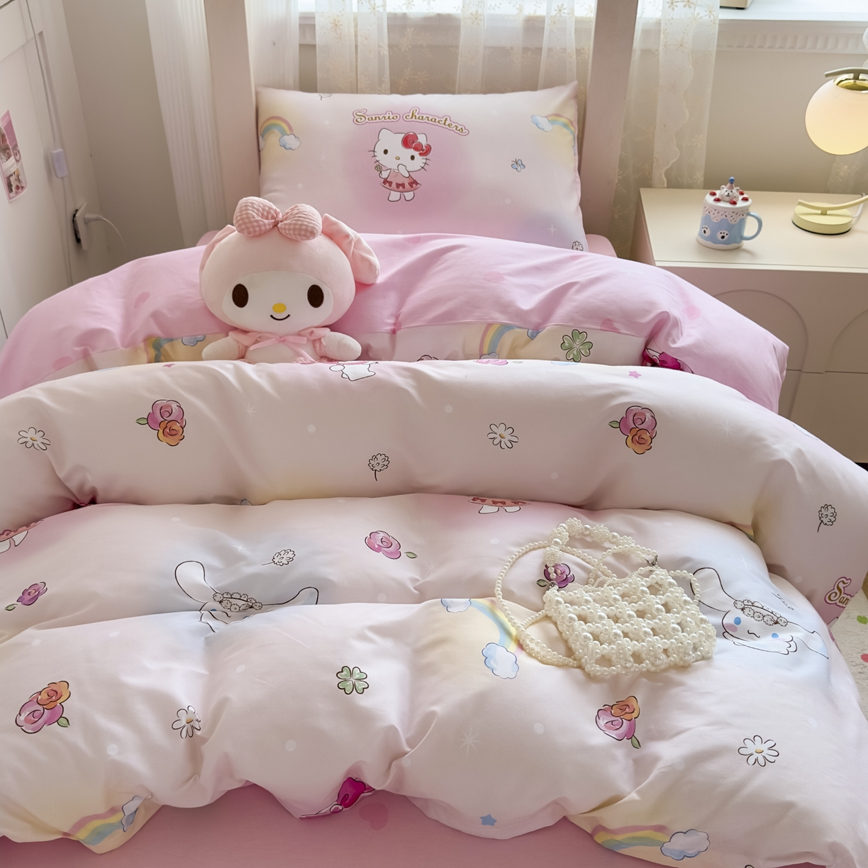 91家纺网 家纺一手货源 找家纺 浩诚 2025新款三丽鸥专版花型全棉纯棉学生三件套四件套 霓虹