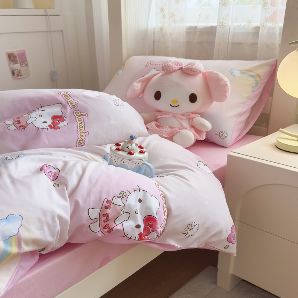 91家纺网 家纺一手货源 找家纺 浩诚 2025新款三丽鸥专版花型全棉纯棉学生三件套四件套 霓虹