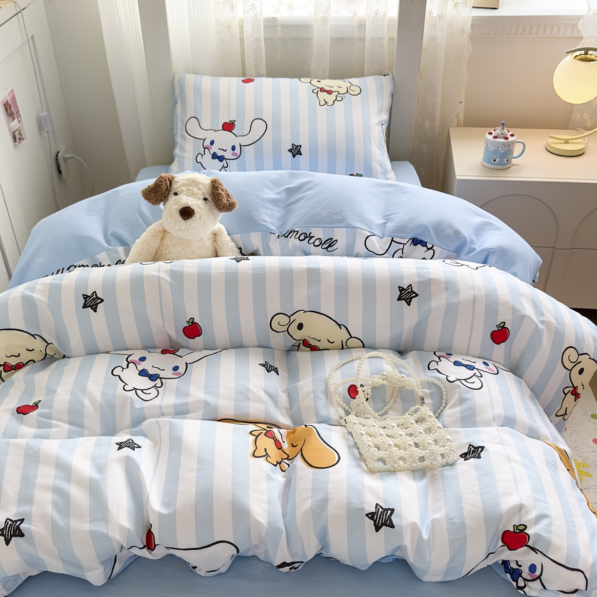 91家纺网 家纺一手货源 找家纺 浩诚 2025新款三丽鸥专版花型全棉纯棉学生三件套四件套 肉桂