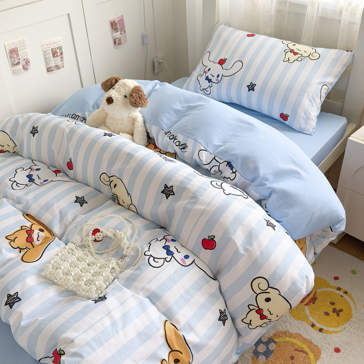 91家纺网 家纺一手货源 找家纺 浩诚 2025新款三丽鸥专版花型全棉纯棉学生三件套四件套 肉桂