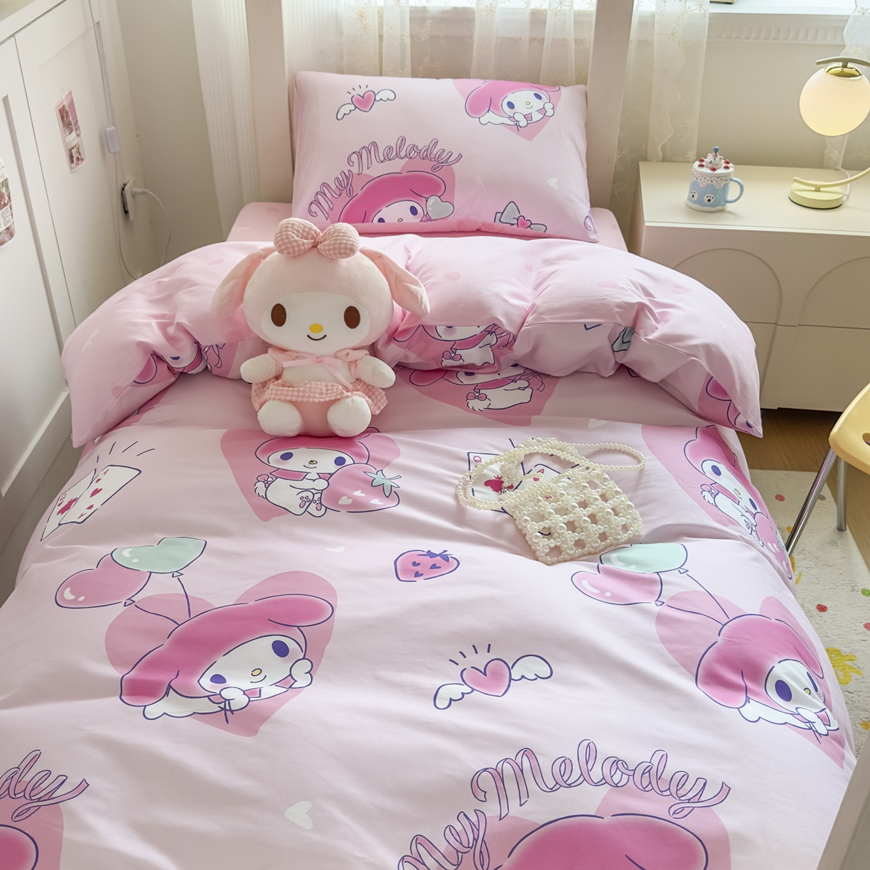 91家纺网 家纺一手货源 找家纺 浩诚 2025新款三丽鸥专版花型全棉纯棉学生三件套四件套 甜莓