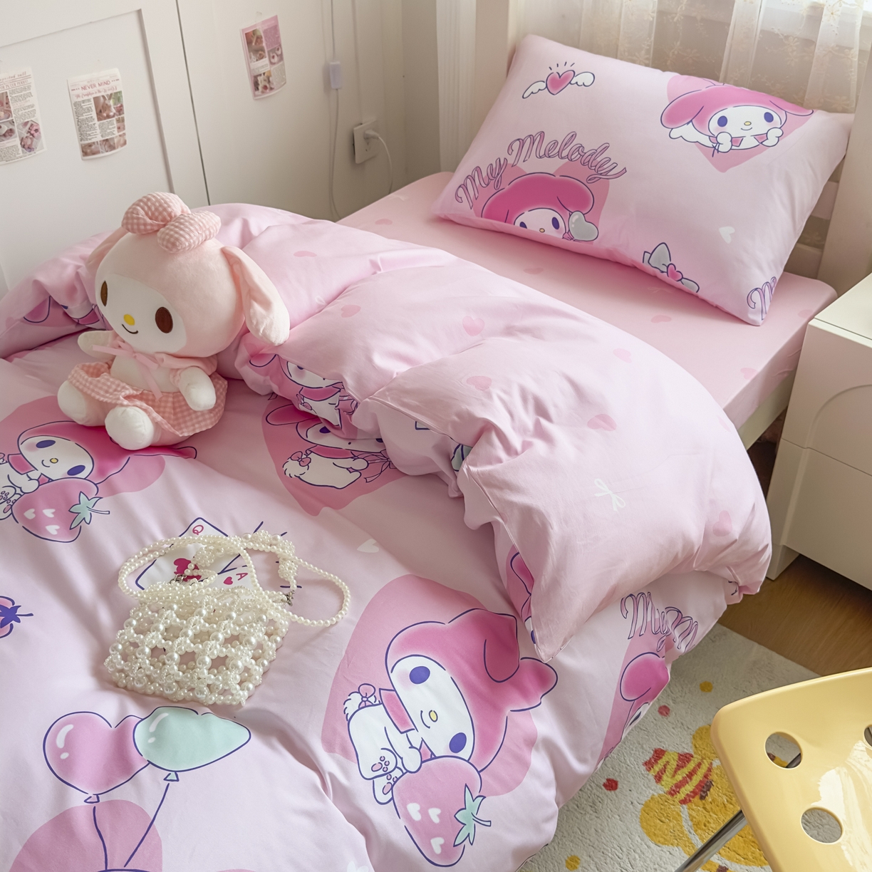 91家纺网 家纺一手货源 找家纺 浩诚 2025新款三丽鸥专版花型全棉纯棉学生三件套四件套 甜莓