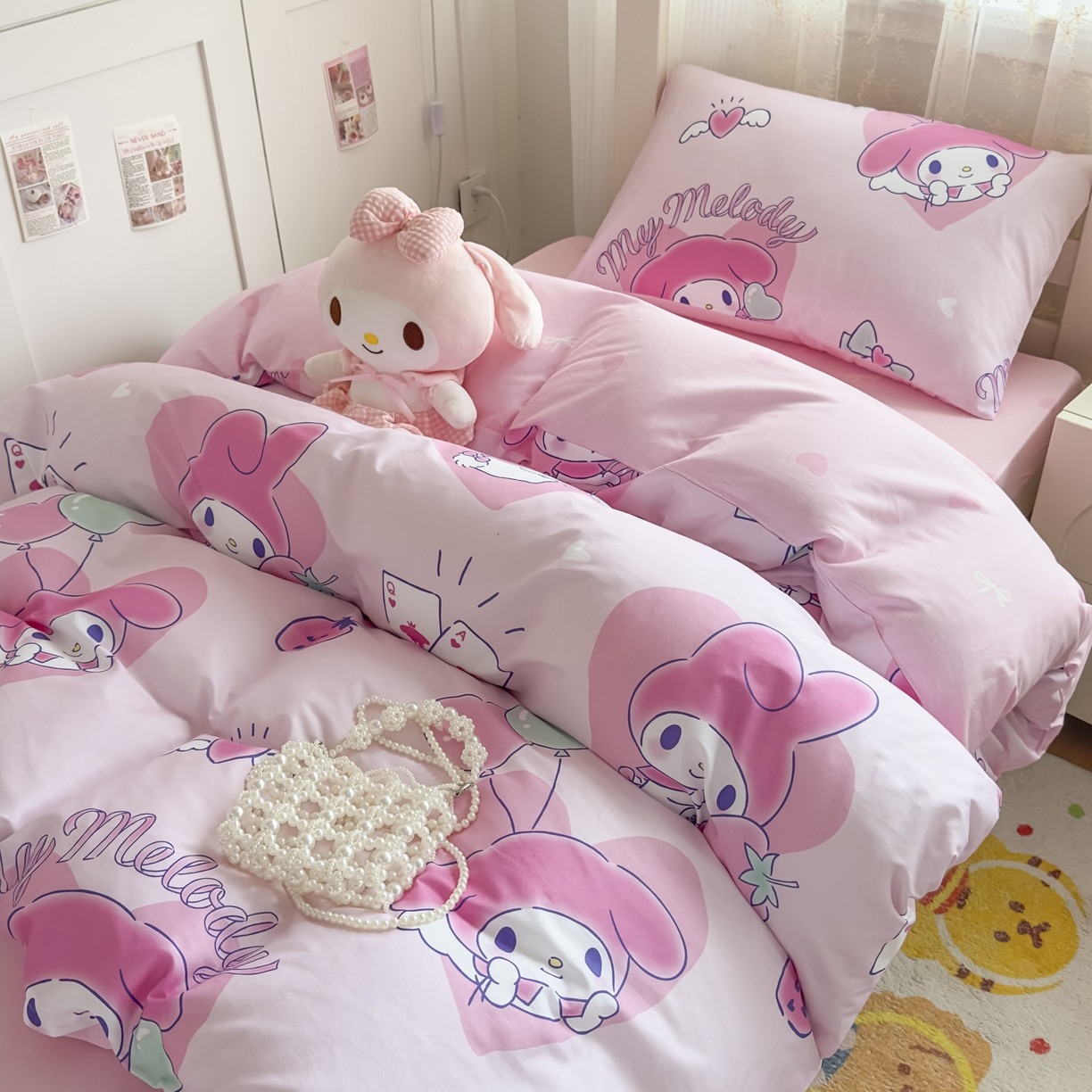 91家纺网 家纺一手货源 找家纺 浩诚 2025新款三丽鸥专版花型全棉纯棉学生三件套四件套 甜莓