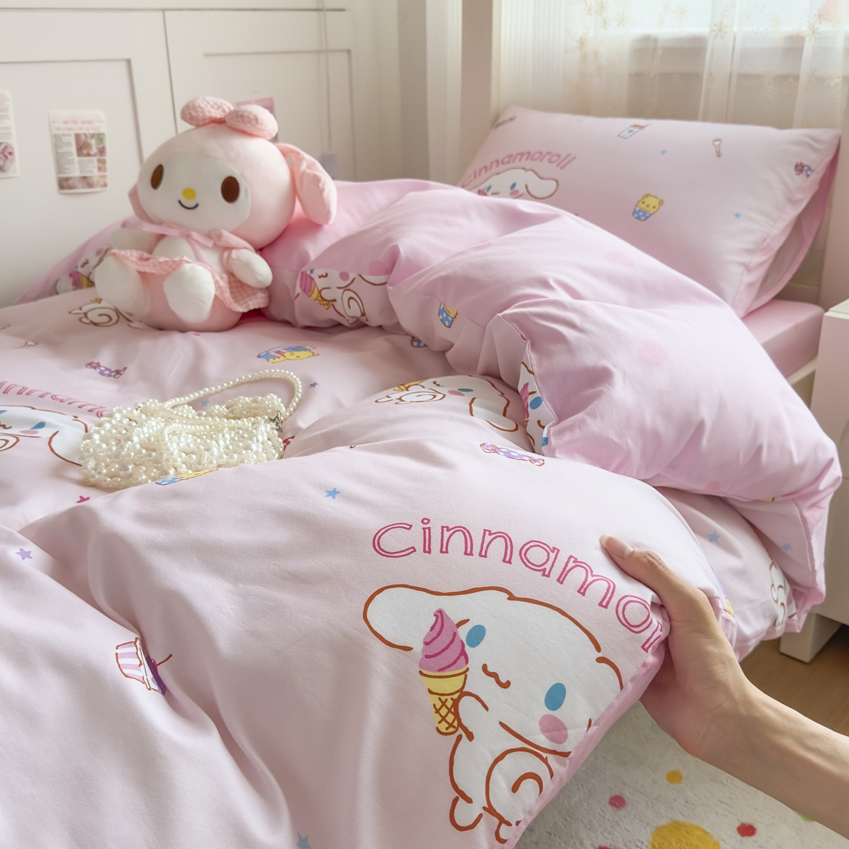 91家纺网 家纺一手货源 找家纺 浩诚 2025新款三丽鸥专版花型全棉纯棉学生三件套四件套 云朵