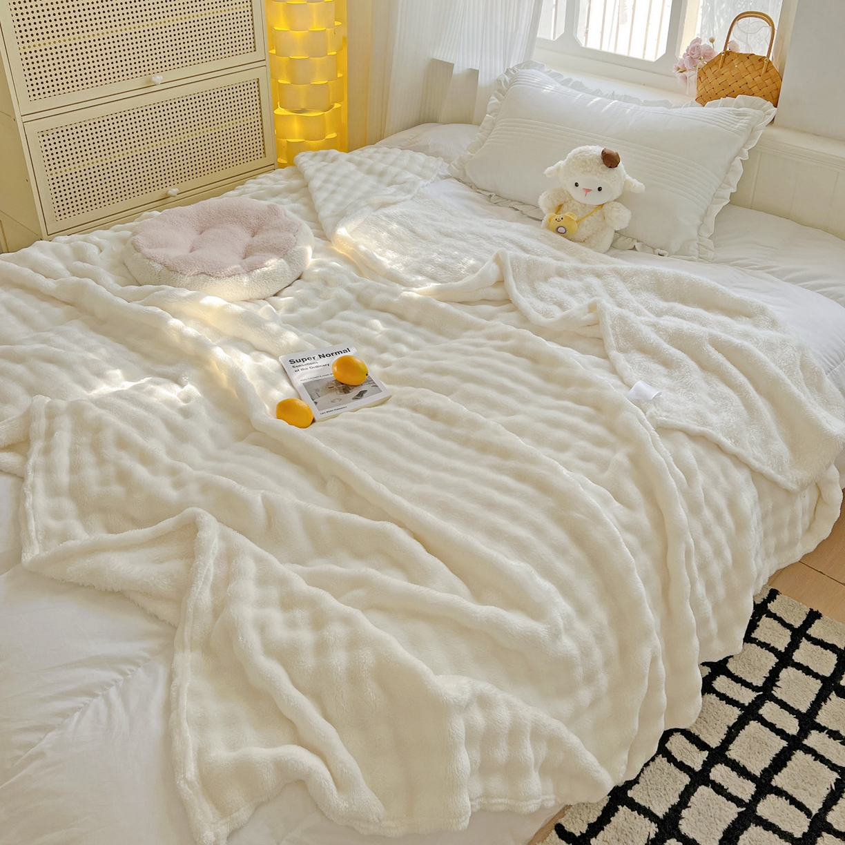 91家纺网 家纺一手货源 找家纺 耀悦家纺 2025秋冬暖阳泡泡高克重牛奶绒双面泡泡毛毯毯子多功能盖毯外贸批发 暖阳泡泡-奶白