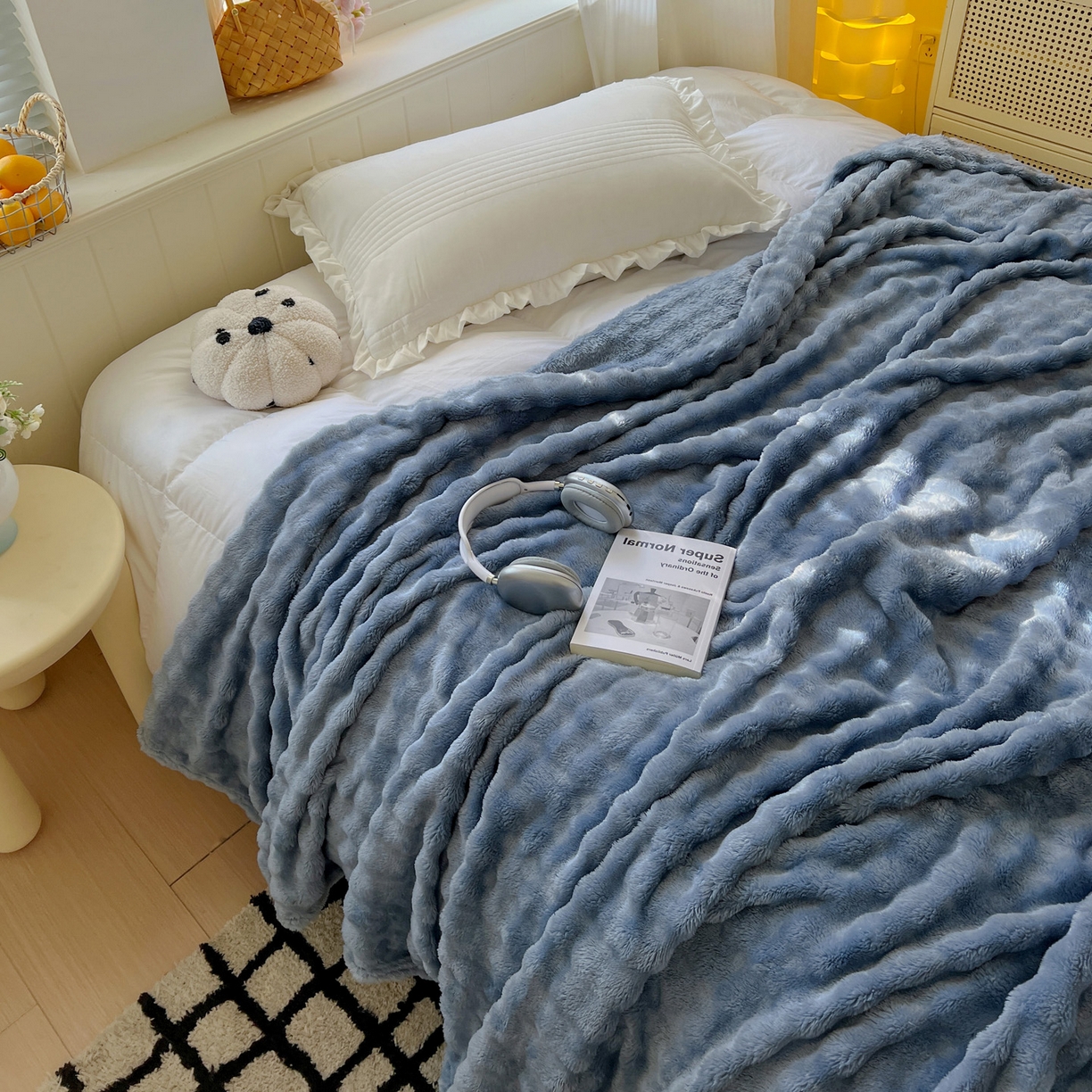 91家纺网 家纺一手货源 找家纺 耀悦家纺 2025秋冬暖阳泡泡高克重牛奶绒双面泡泡毛毯毯子多功能盖毯外贸批发 暖阳泡泡-深海蓝
