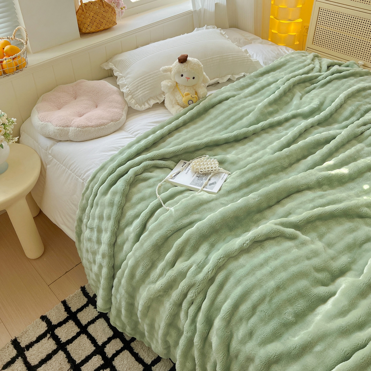 91家纺网 家纺一手货源 找家纺 耀悦家纺 2025秋冬暖阳泡泡高克重牛奶绒双面泡泡毛毯毯子多功能盖毯外贸批发 暖阳泡泡-抹茶绿
