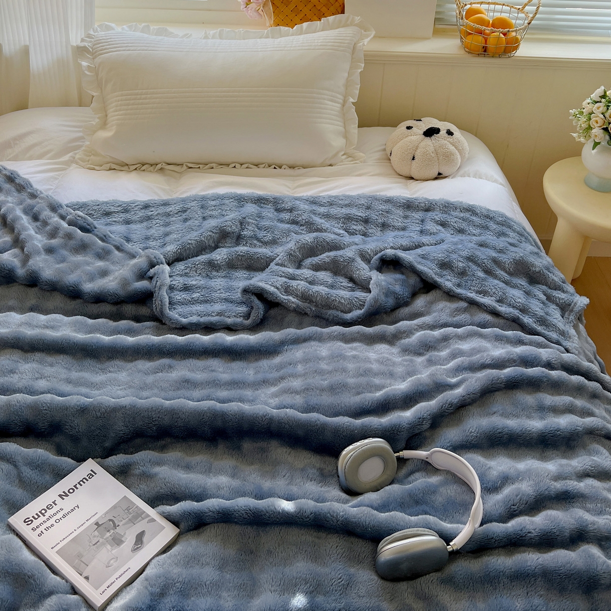 91家纺网 家纺一手货源 找家纺 耀悦家纺 2025秋冬暖阳泡泡高克重牛奶绒双面泡泡毛毯毯子多功能盖毯外贸批发 暖阳泡泡-深海蓝