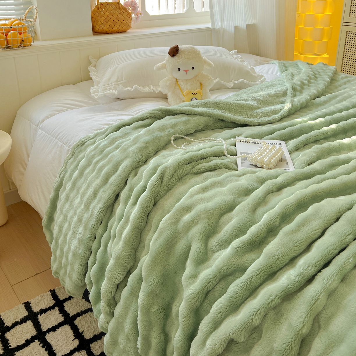 91家纺网 家纺一手货源 找家纺 耀悦家纺 2025秋冬暖阳泡泡高克重牛奶绒双面泡泡毛毯毯子多功能盖毯外贸批发 暖阳泡泡-抹茶绿