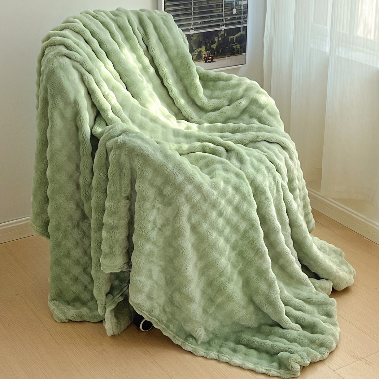 91家纺网 家纺一手货源 找家纺 耀悦家纺 2025秋冬暖阳泡泡高克重牛奶绒双面泡泡毛毯毯子多功能盖毯外贸批发 暖阳泡泡-抹茶绿