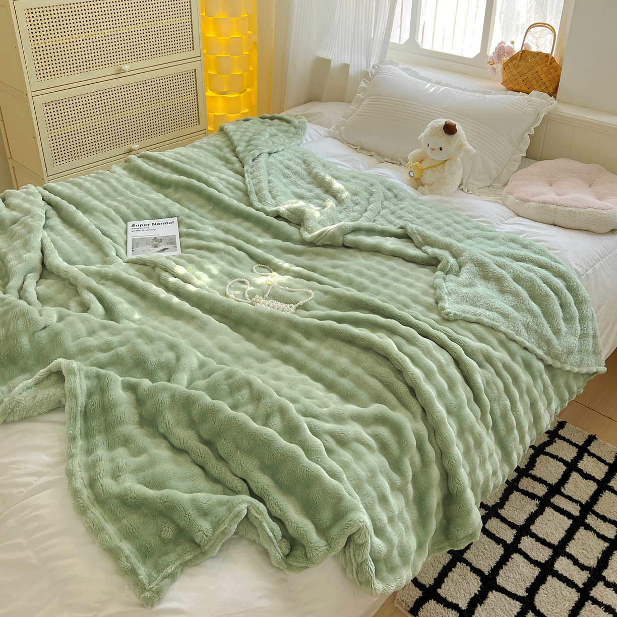 91家纺网 家纺一手货源 找家纺 耀悦家纺 2025秋冬暖阳泡泡高克重牛奶绒双面泡泡毛毯毯子多功能盖毯外贸批发 暖阳泡泡-抹茶绿