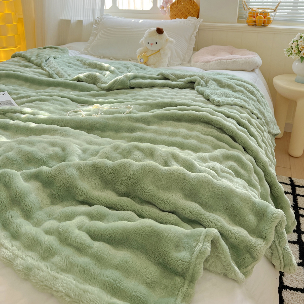 91家纺网 家纺一手货源 找家纺 耀悦家纺 2025秋冬暖阳泡泡高克重牛奶绒双面泡泡毛毯毯子多功能盖毯外贸批发 暖阳泡泡-抹茶绿
