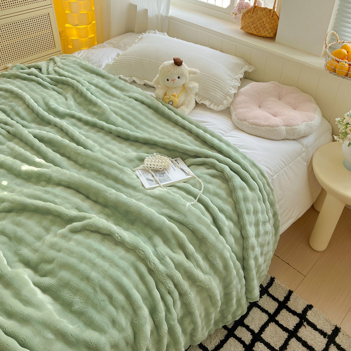 91家纺网 家纺一手货源 找家纺 耀悦家纺 2025秋冬暖阳泡泡高克重牛奶绒双面泡泡毛毯毯子多功能盖毯外贸批发 暖阳泡泡-抹茶绿