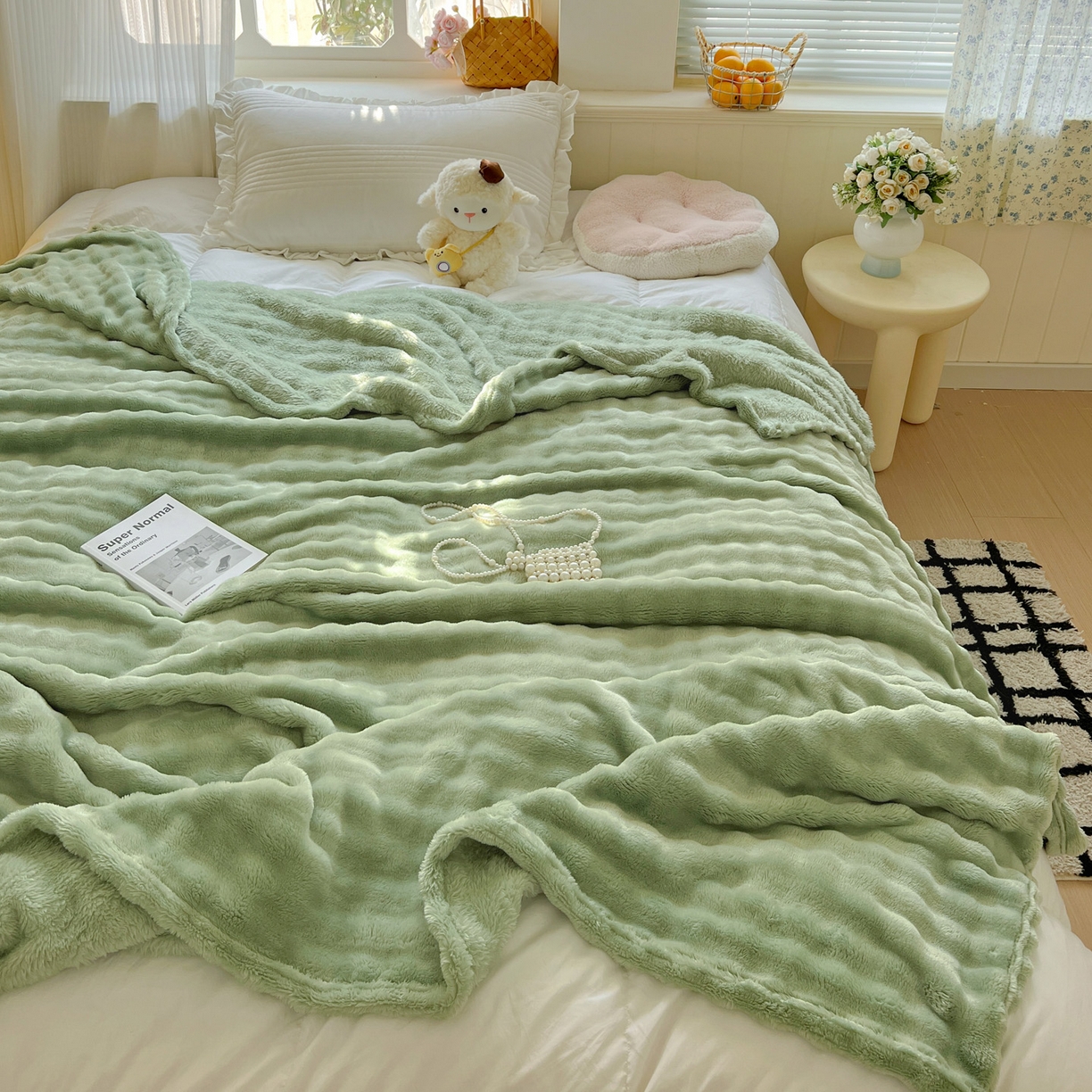 91家纺网 家纺一手货源 找家纺 耀悦家纺 2025秋冬暖阳泡泡高克重牛奶绒双面泡泡毛毯毯子多功能盖毯外贸批发 暖阳泡泡-抹茶绿