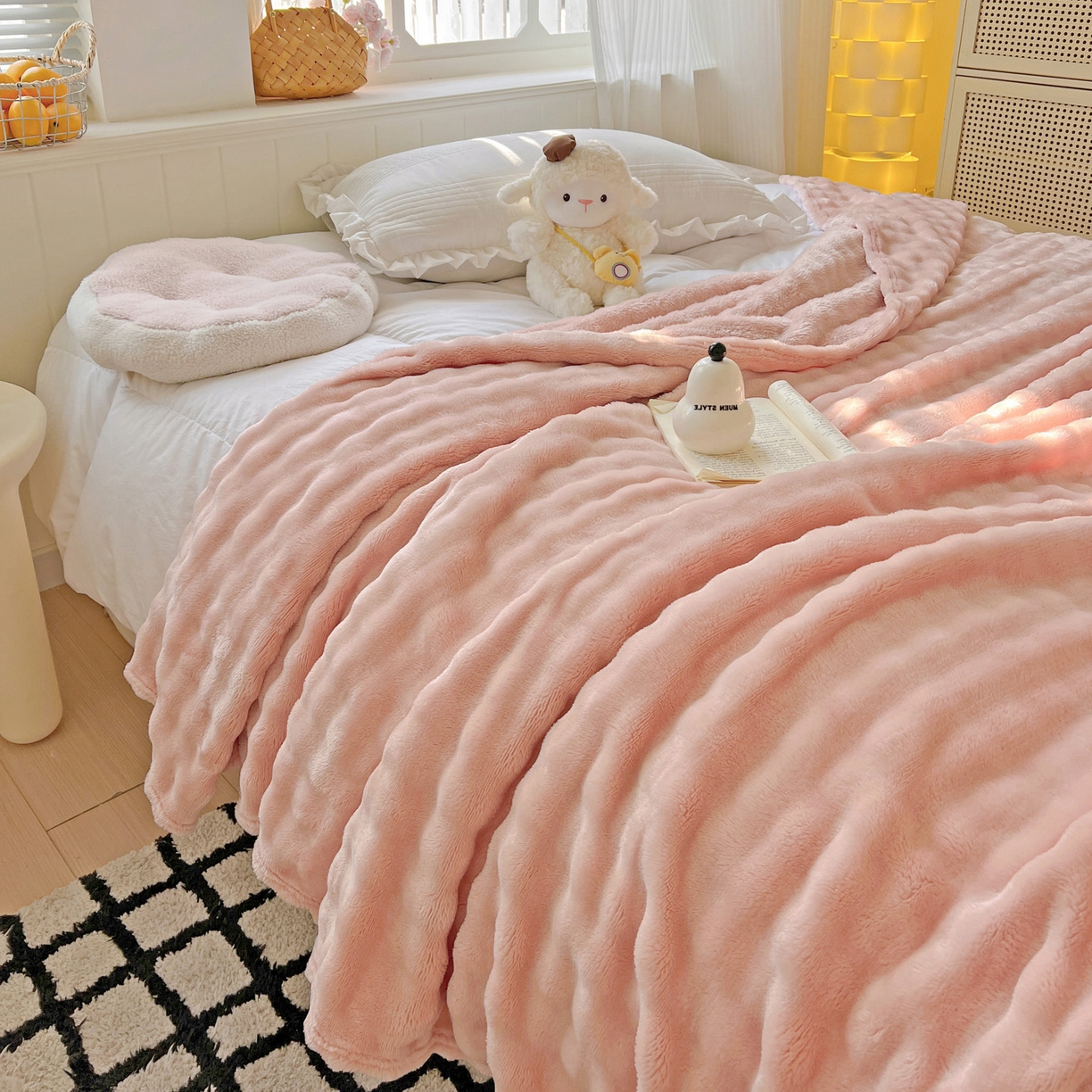 91家纺网 家纺一手货源 找家纺 耀悦家纺 2025秋冬暖阳泡泡高克重牛奶绒双面泡泡毛毯毯子多功能盖毯外贸批发 暖阳泡泡-嫩粉