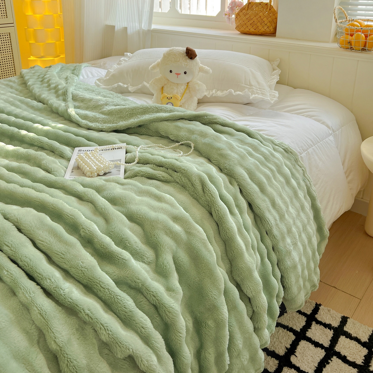 91家纺网 家纺一手货源 找家纺 耀悦家纺 2025秋冬暖阳泡泡高克重牛奶绒双面泡泡毛毯毯子多功能盖毯外贸批发 暖阳泡泡-抹茶绿