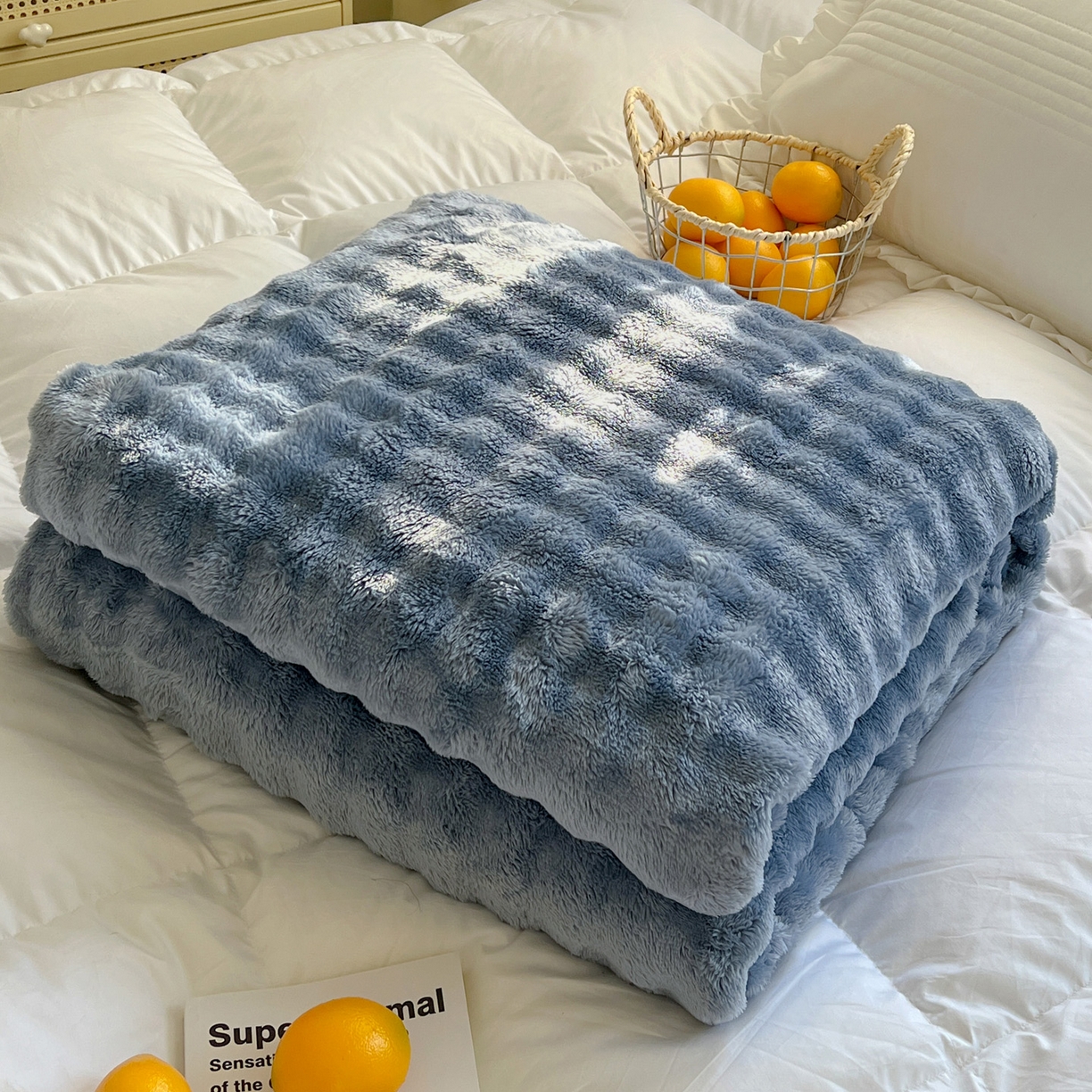 91家纺网 家纺一手货源 找家纺 耀悦家纺 2025秋冬暖阳泡泡高克重牛奶绒双面泡泡毛毯毯子多功能盖毯外贸批发 暖阳泡泡-深海蓝