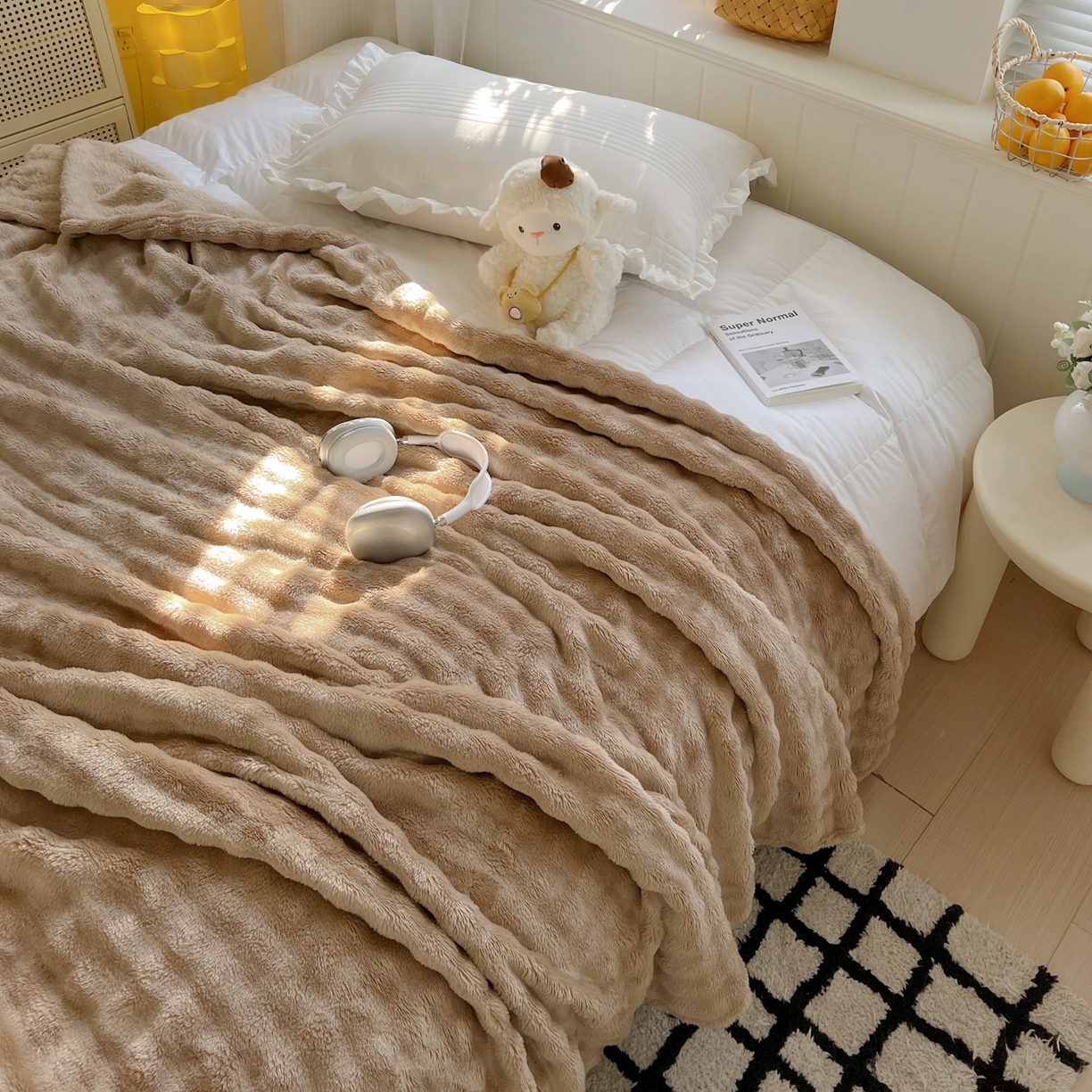 耀悦家纺 2025秋冬暖阳泡泡高克重牛奶绒双面泡泡毛毯毯子多功能盖毯外贸批发 暖阳泡泡-深咖