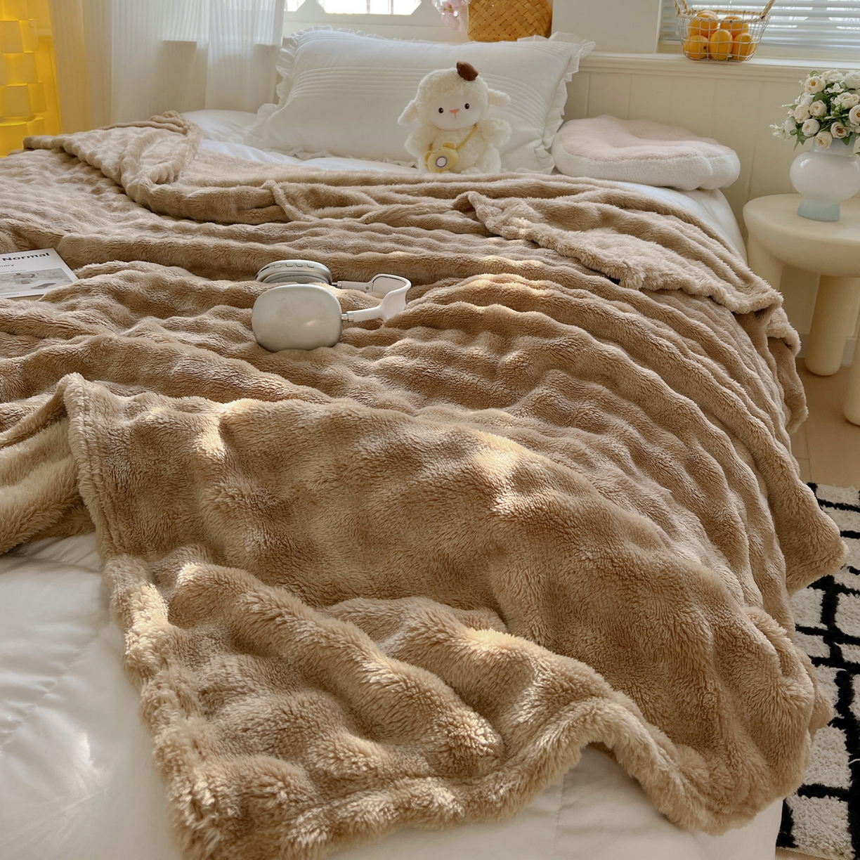 91家纺网 家纺一手货源 找家纺 耀悦家纺 2025秋冬暖阳泡泡高克重牛奶绒双面泡泡毛毯毯子多功能盖毯外贸批发 暖阳泡泡-深咖