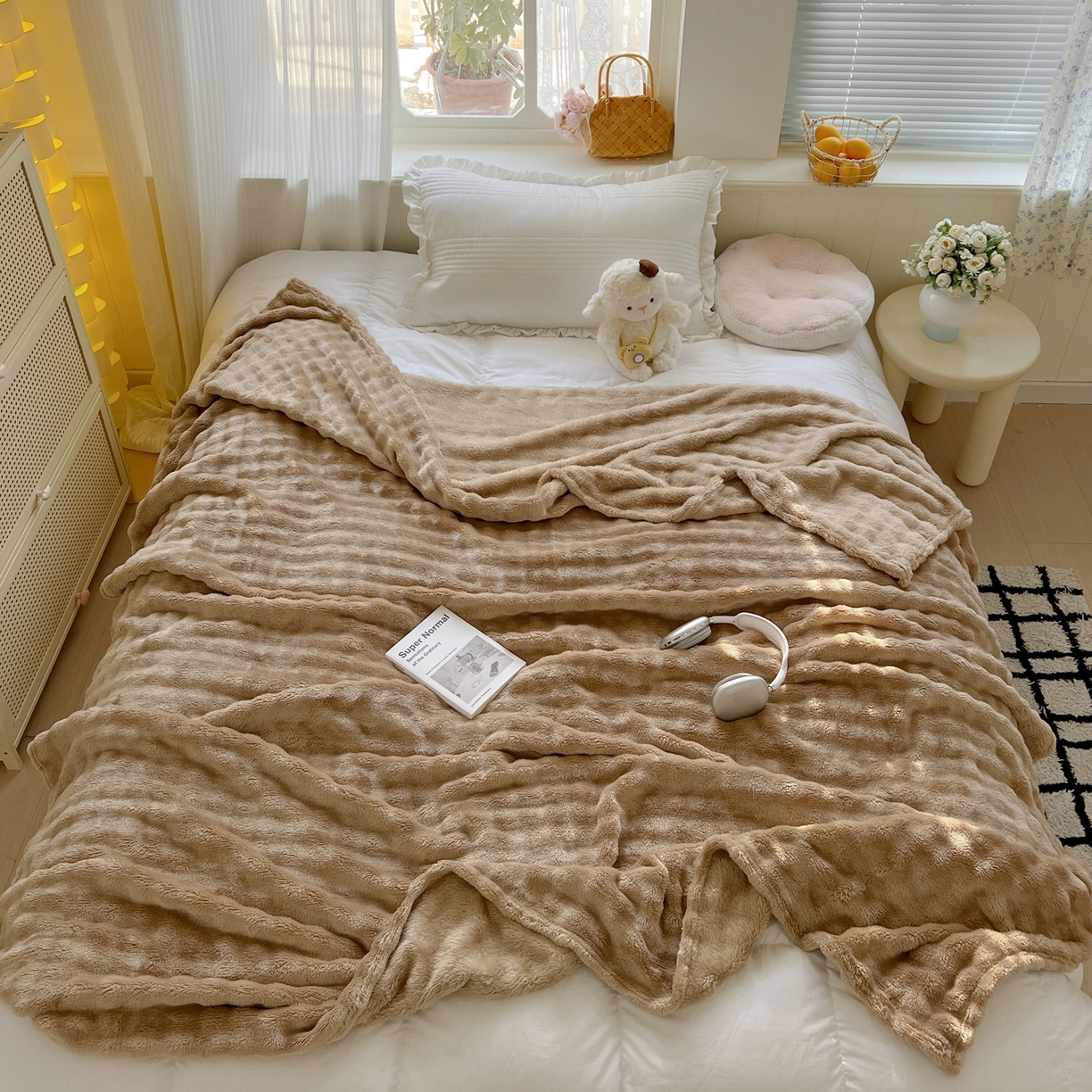 91家纺网 家纺一手货源 找家纺 耀悦家纺 2025秋冬暖阳泡泡高克重牛奶绒双面泡泡毛毯毯子多功能盖毯外贸批发 暖阳泡泡-深咖