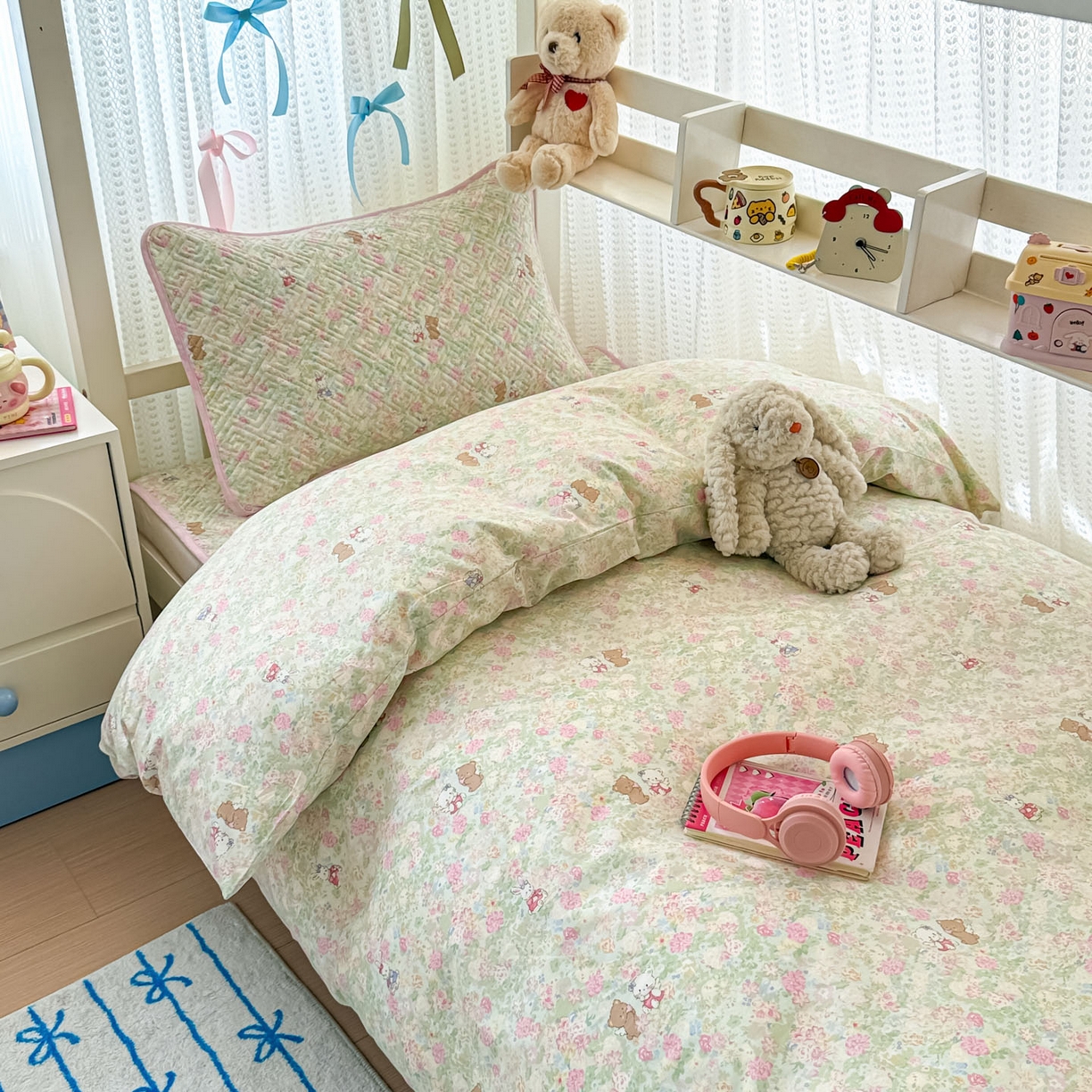 91家纺网 家纺一手货源 找家纺 简宜家居（朝初家纺） 2025新款全棉纯棉夹棉床盖学生宿舍上下铺三件套 田园歌-夹棉款