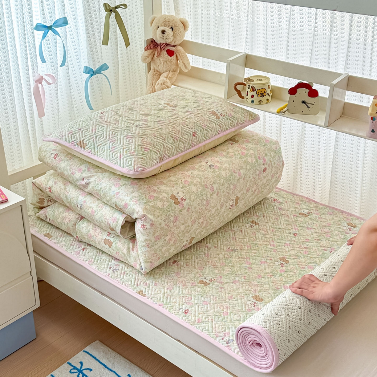 简宜家居（朝初家纺） 2025新款全棉纯棉夹棉床盖学生宿舍上下铺三件套 田园歌-夹棉款