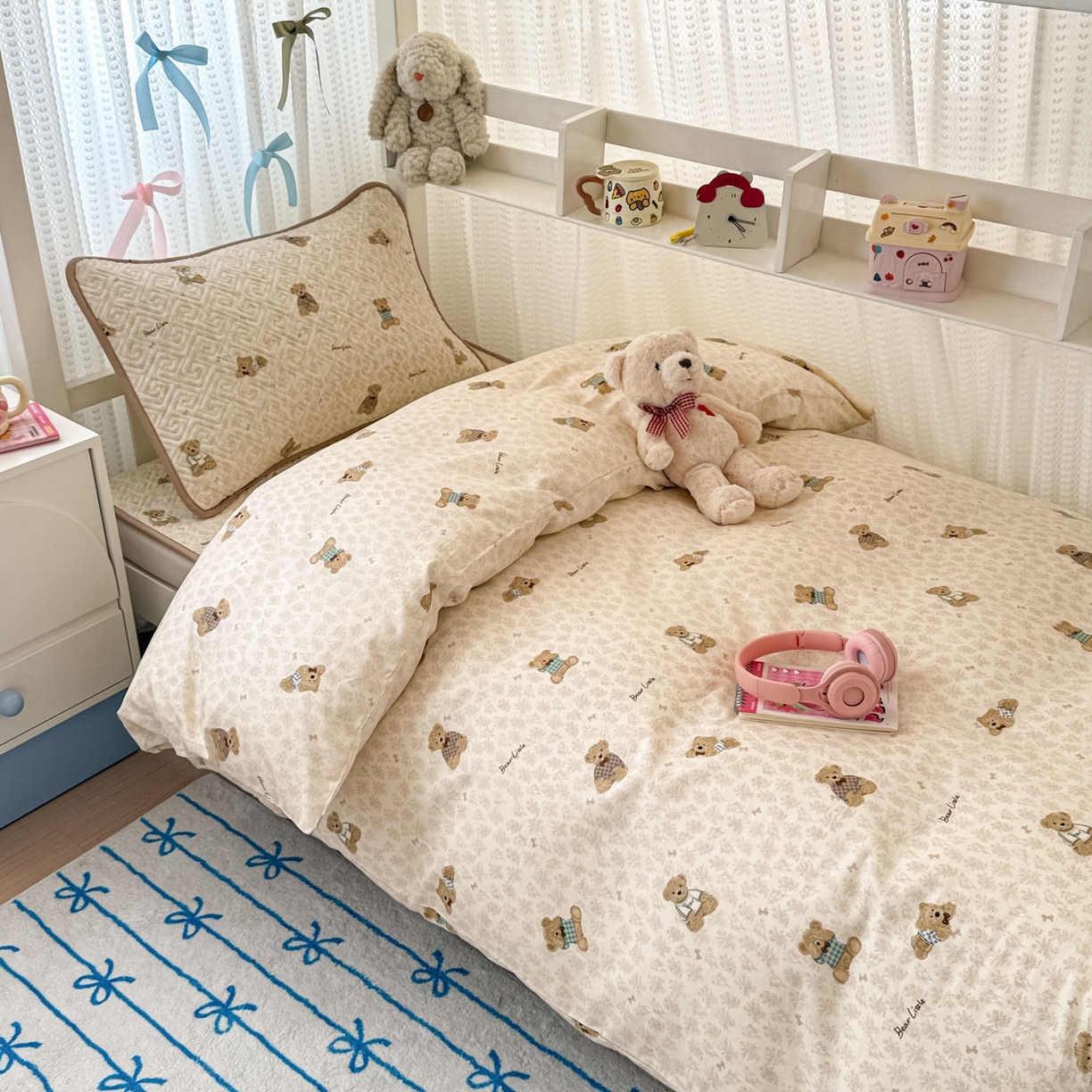 91家纺网 家纺一手货源 找家纺 简宜家居（朝初家纺） 2025新款全棉纯棉夹棉床盖学生宿舍上下铺三件套 碎花小熊-夹棉款