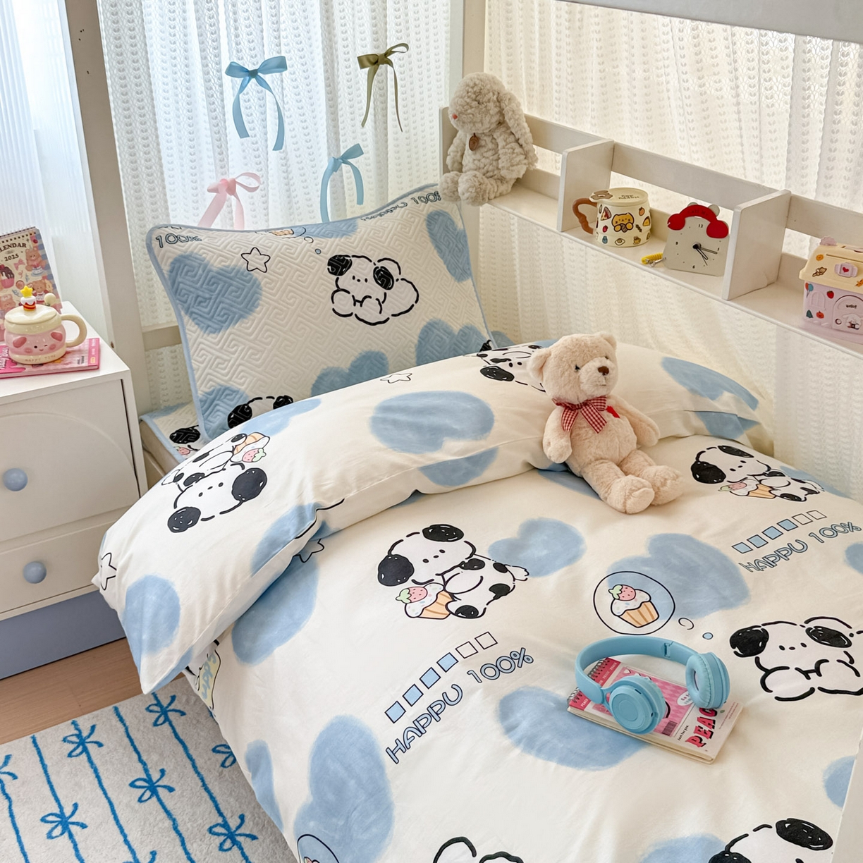 91家纺网 家纺一手货源 找家纺 简宜家居（朝初家纺） 2025新款全棉纯棉夹棉床盖学生宿舍上下铺三件套 萌萌狗-夹棉款
