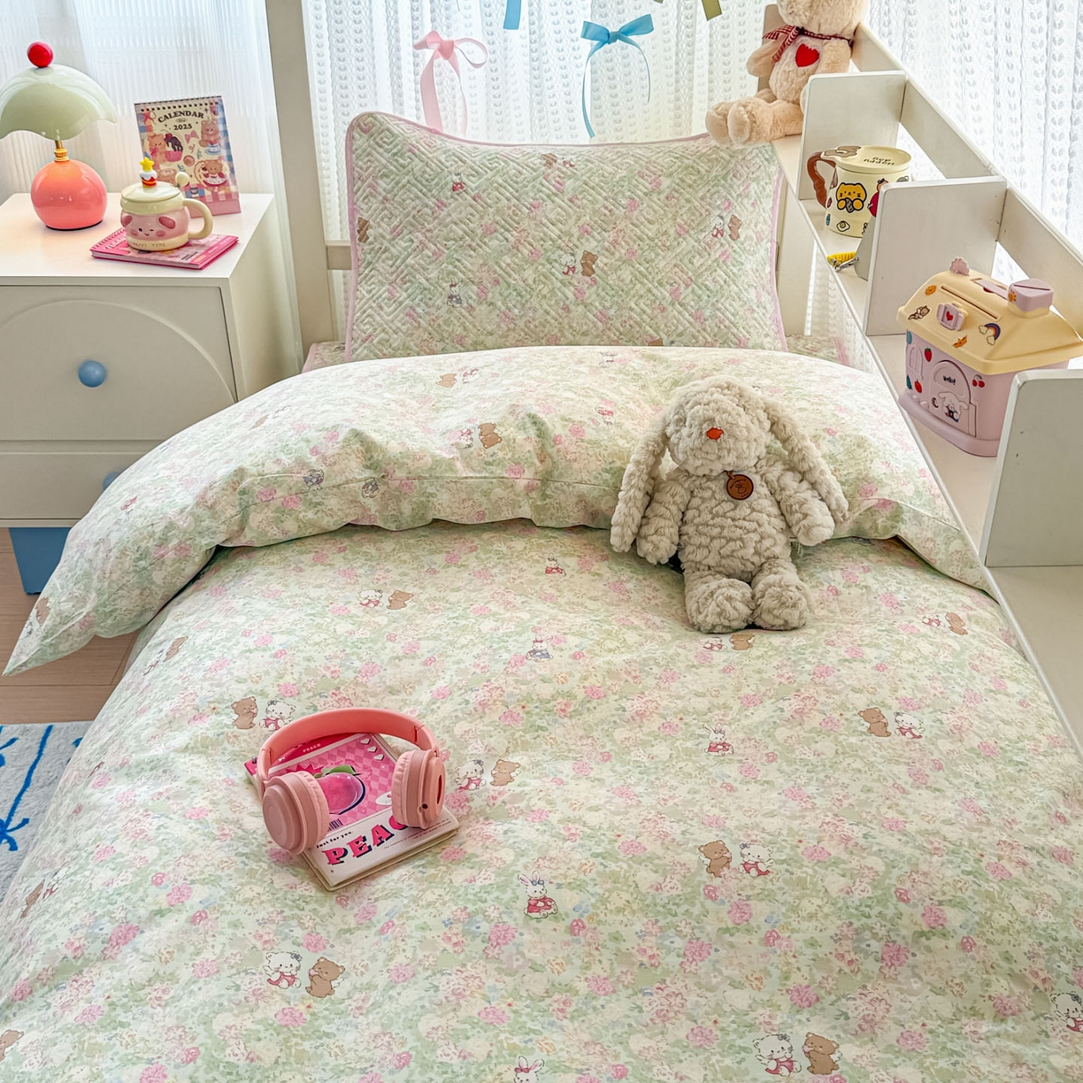 91家纺网 家纺一手货源 找家纺 简宜家居（朝初家纺） 2025新款全棉纯棉夹棉床盖学生宿舍上下铺三件套 田园歌-夹棉款