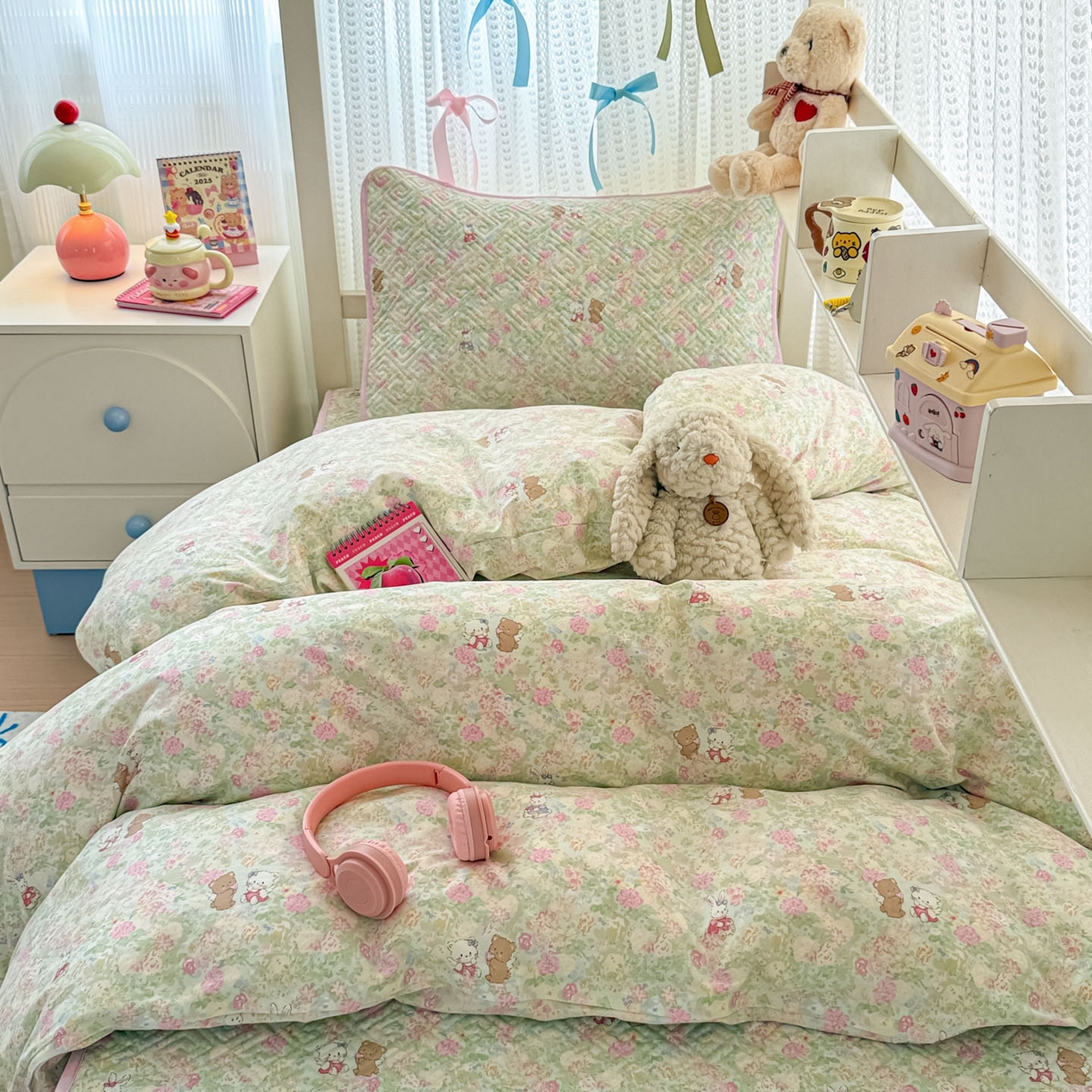 91家纺网 家纺一手货源 找家纺 简宜家居（朝初家纺） 2025新款全棉纯棉夹棉床盖学生宿舍上下铺三件套 田园歌-夹棉款