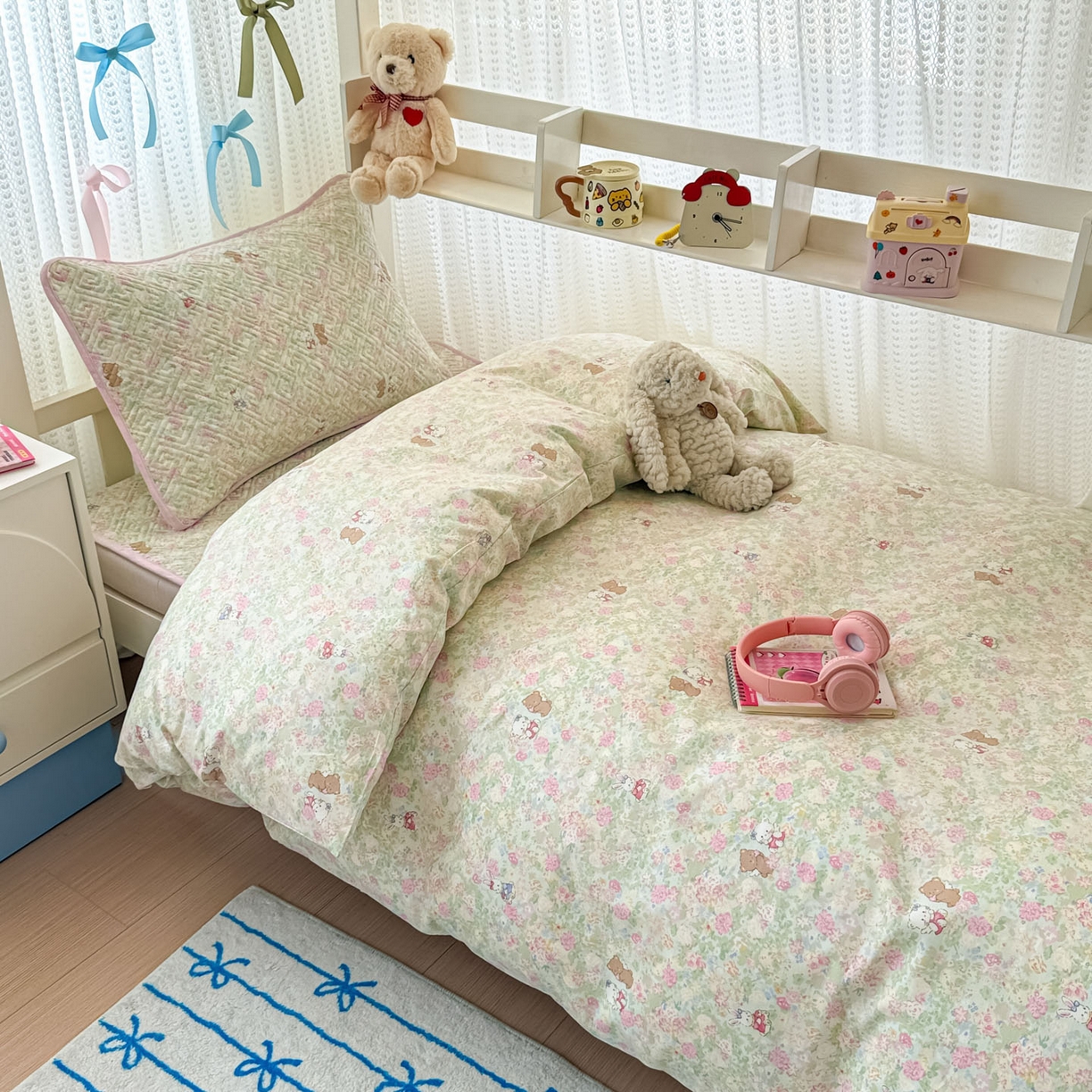 91家纺网 家纺一手货源 找家纺 简宜家居（朝初家纺） 2025新款全棉纯棉夹棉床盖学生宿舍上下铺三件套 田园歌-夹棉款