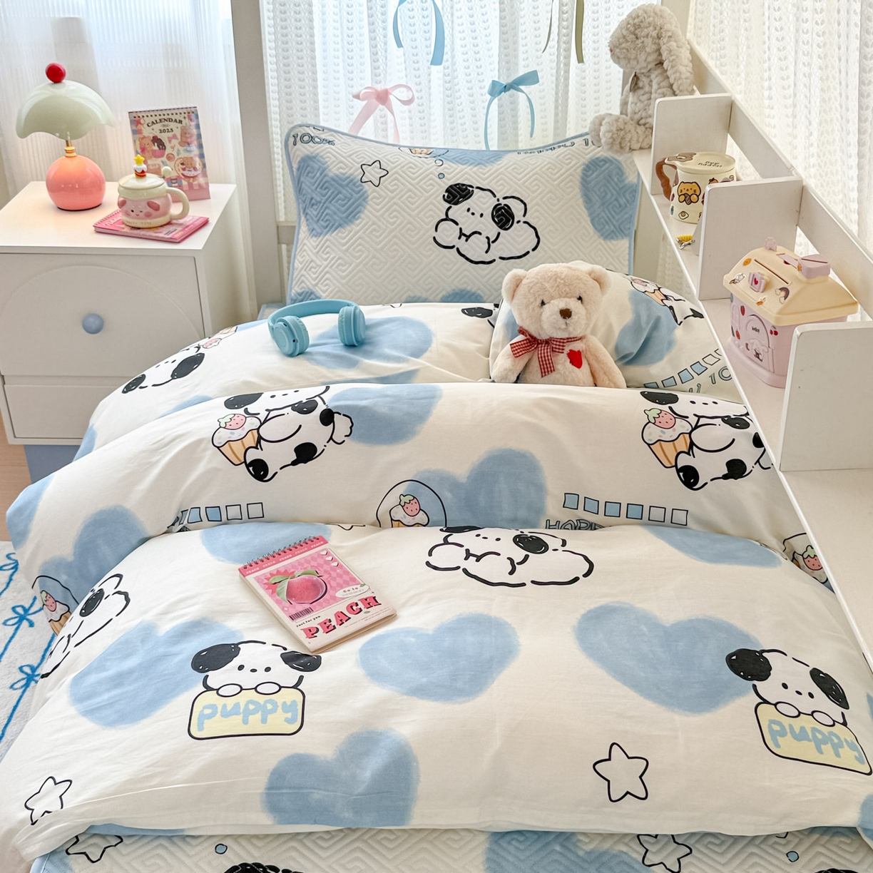 91家纺网 家纺一手货源 找家纺 简宜家居（朝初家纺） 2025新款全棉纯棉夹棉床盖学生宿舍上下铺三件套 萌萌狗-夹棉款