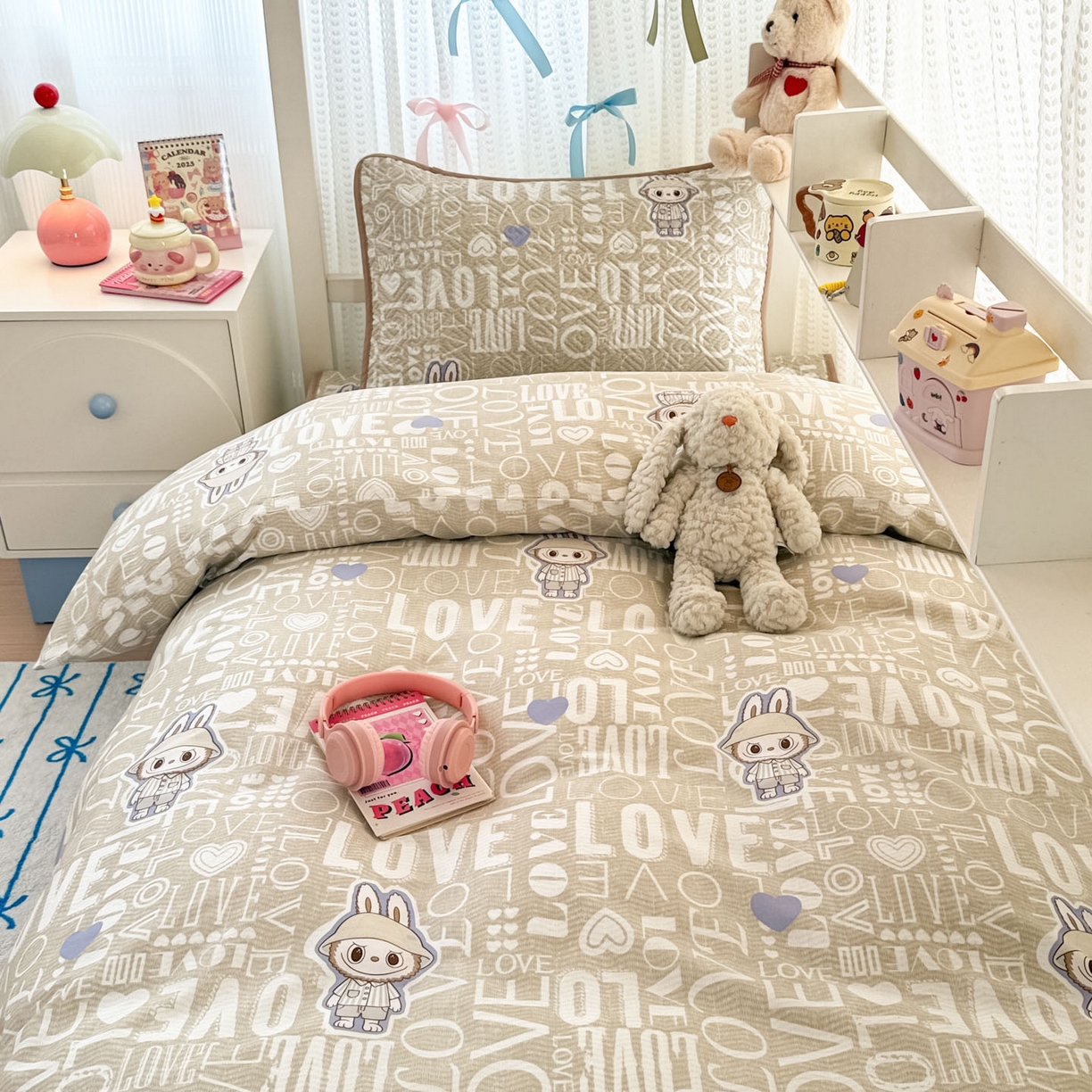 91家纺网 家纺一手货源 找家纺 简宜家居（朝初家纺） 2025新款全棉纯棉夹棉床盖学生宿舍上下铺三件套 丑萌可爱-夹棉款