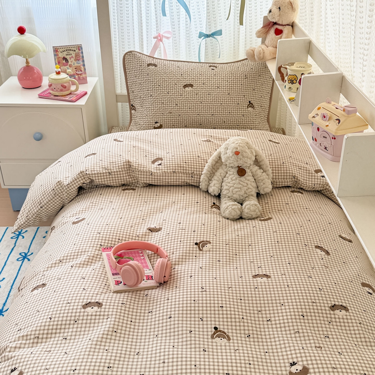 91家纺网 家纺一手货源 找家纺 简宜家居（朝初家纺） 2025新款全棉纯棉夹棉床盖学生宿舍上下铺三件套 格纹崽崽-夹棉款