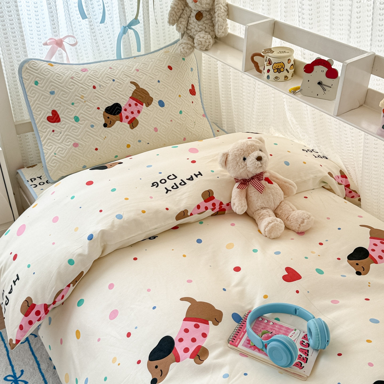 91家纺网 家纺一手货源 找家纺 简宜家居（朝初家纺） 2025新款全棉纯棉夹棉床盖学生宿舍上下铺三件套 波点汪汪队-夹棉款