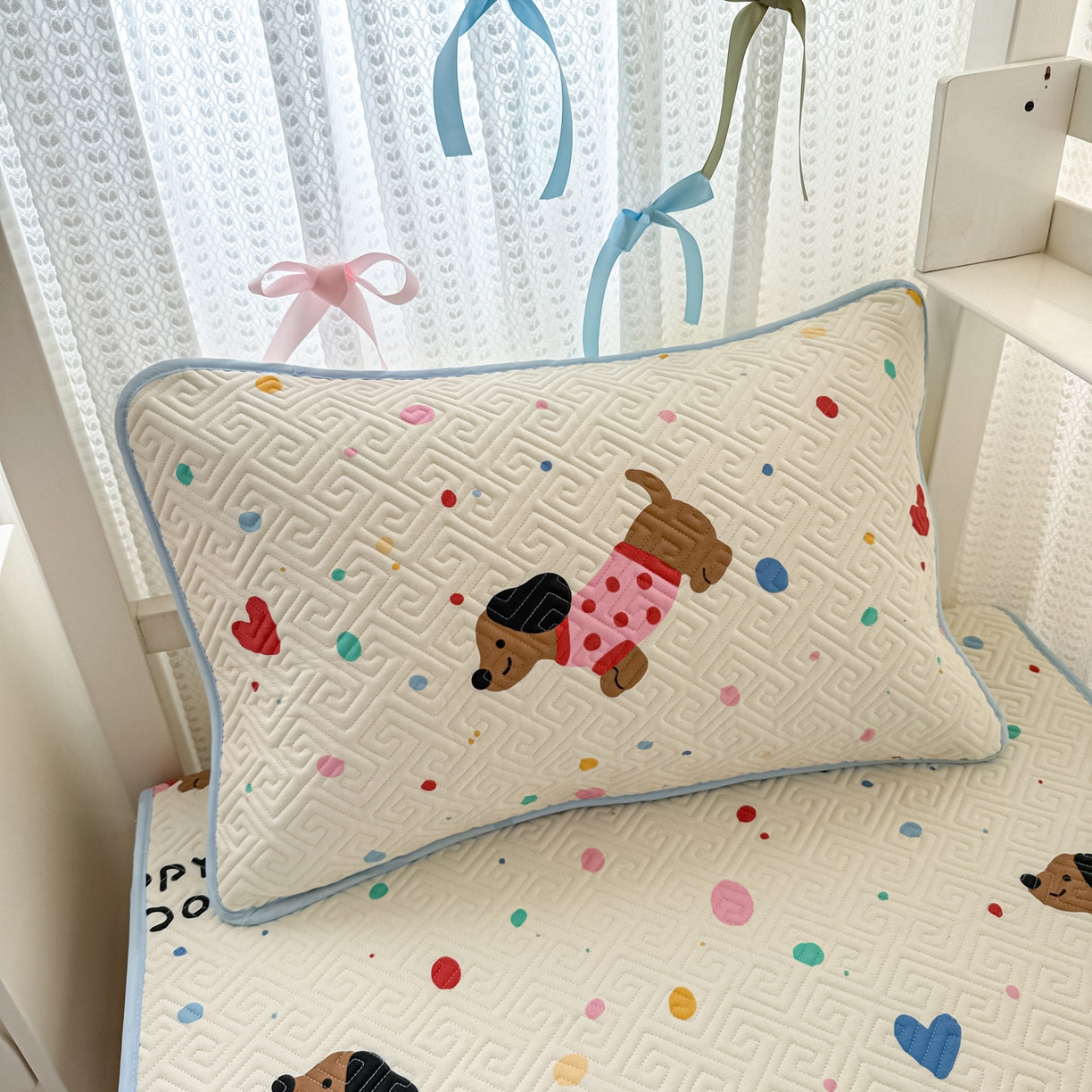 91家纺网 家纺一手货源 找家纺 简宜家居（朝初家纺） 2025新款全棉纯棉夹棉床盖学生宿舍上下铺三件套 波点汪汪队-夹棉款