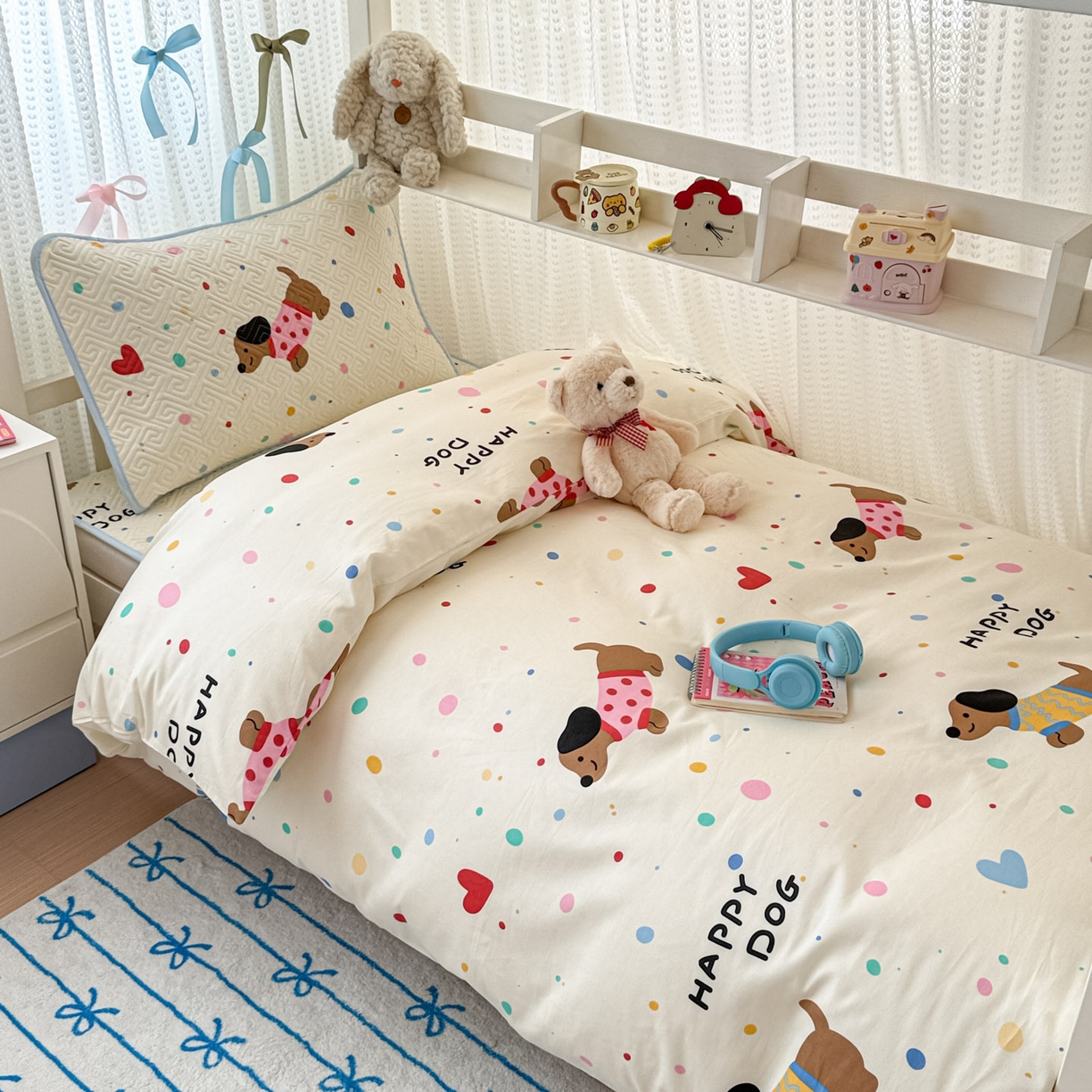 91家纺网 家纺一手货源 找家纺 简宜家居（朝初家纺） 2025新款全棉纯棉夹棉床盖学生宿舍上下铺三件套 波点汪汪队-夹棉款