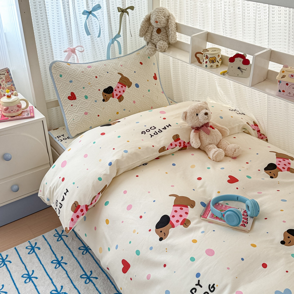 91家纺网 家纺一手货源 找家纺 简宜家居（朝初家纺） 2025新款全棉纯棉夹棉床盖学生宿舍上下铺三件套 波点汪汪队-夹棉款