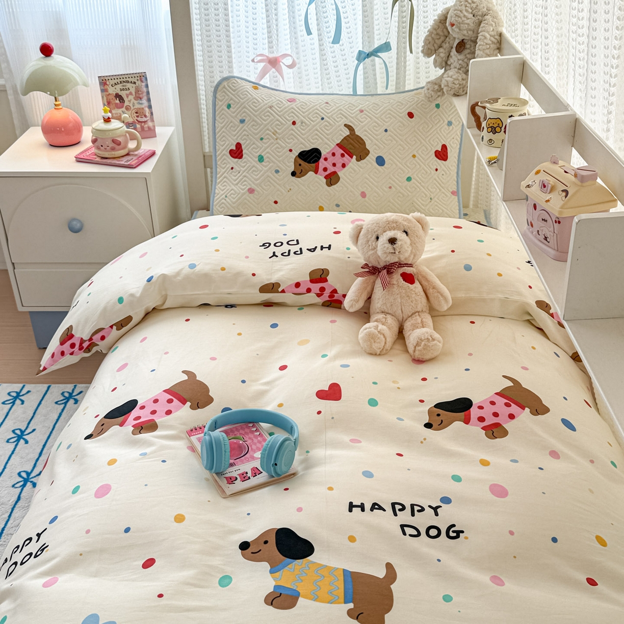 91家纺网 家纺一手货源 找家纺 简宜家居（朝初家纺） 2025新款全棉纯棉夹棉床盖学生宿舍上下铺三件套 波点汪汪队-夹棉款