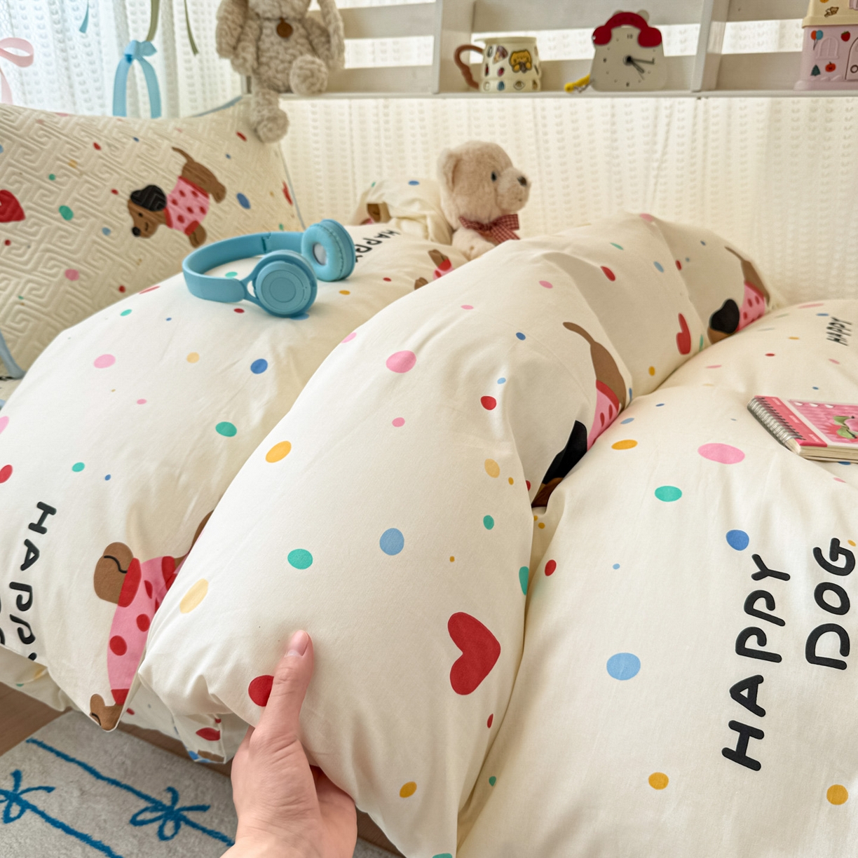 91家纺网 家纺一手货源 找家纺 简宜家居（朝初家纺） 2025新款全棉纯棉夹棉床盖学生宿舍上下铺三件套 波点汪汪队-夹棉款