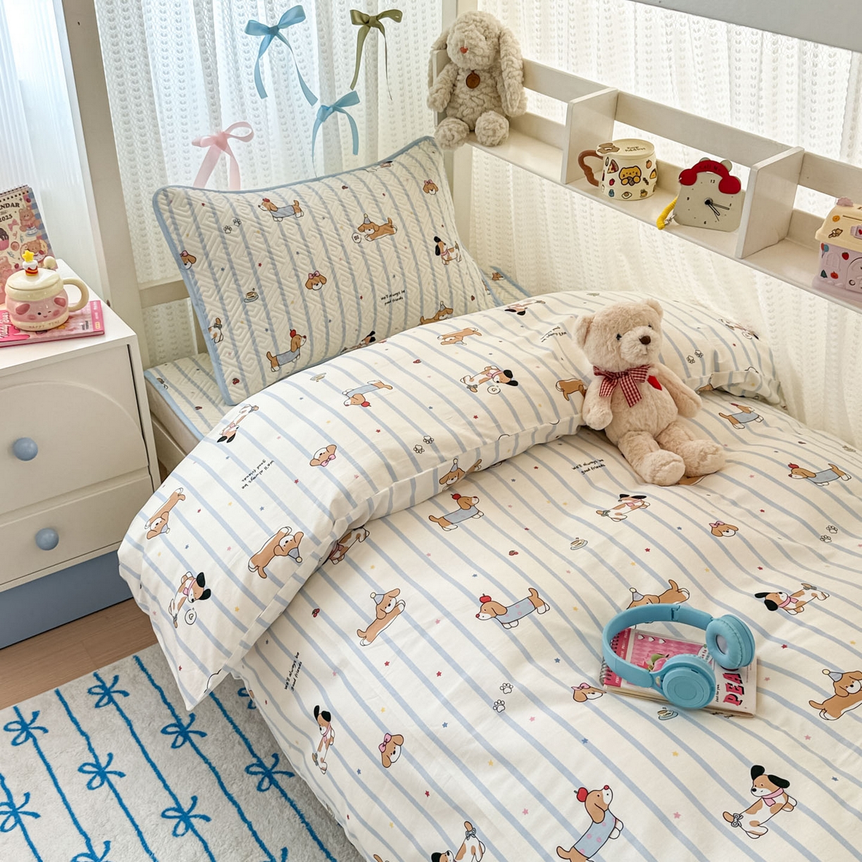 91家纺网 家纺一手货源 找家纺 简宜家居（朝初家纺） 2025新款全棉纯棉夹棉床盖学生宿舍上下铺三件套 小狗条纹-夹棉款