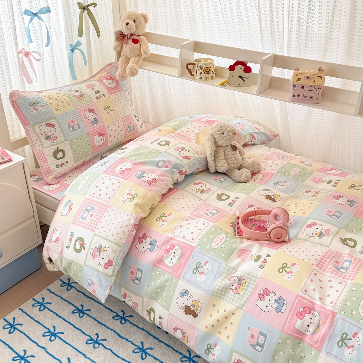 91家纺网 家纺一手货源 找家纺 简宜家居（朝初家纺） 2025新款全棉纯棉夹棉床盖学生宿舍上下铺三件套 拼布乐园-夹棉款