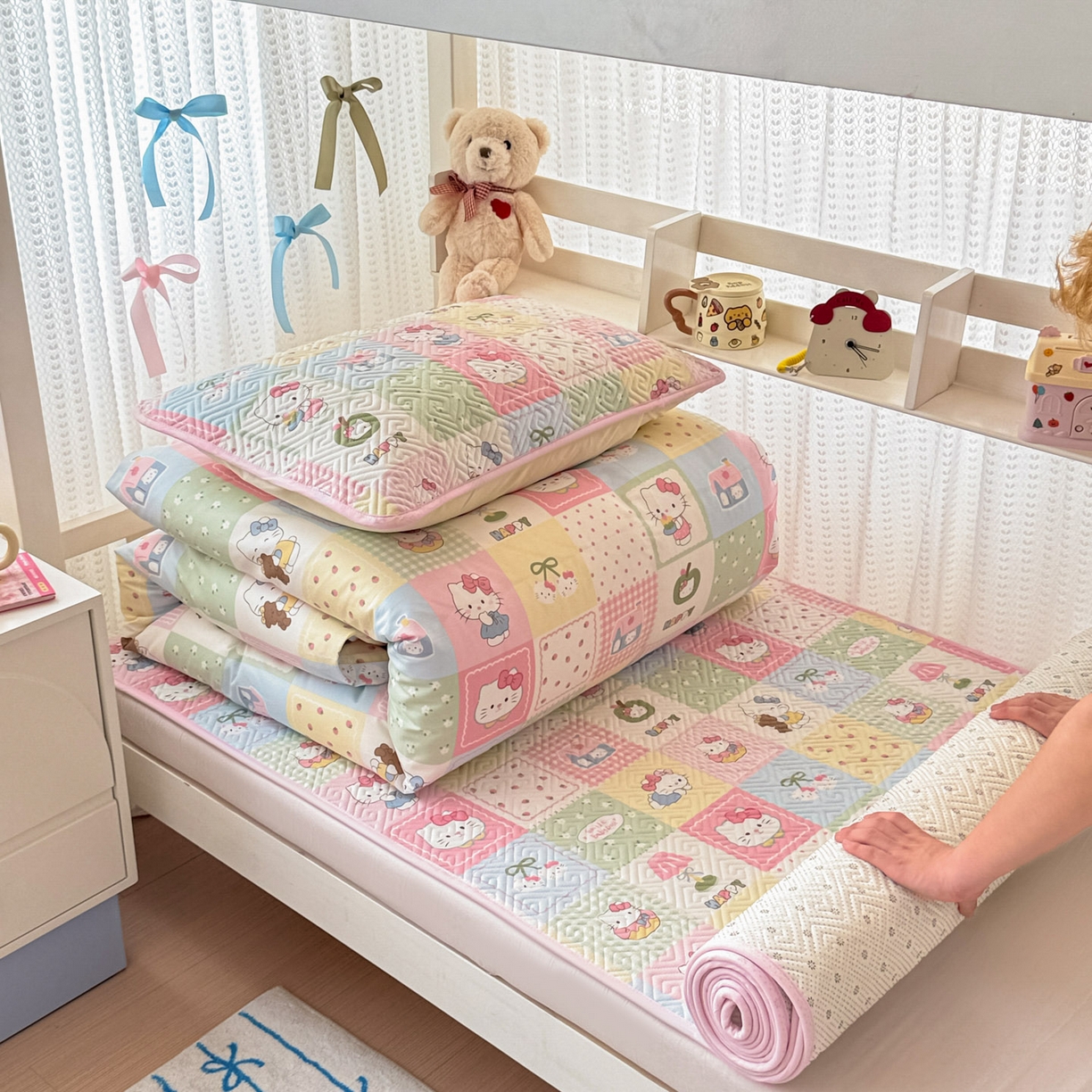 简宜家居（朝初家纺） 2025新款全棉纯棉夹棉床盖学生宿舍上下铺三件套 拼布乐园-夹棉款