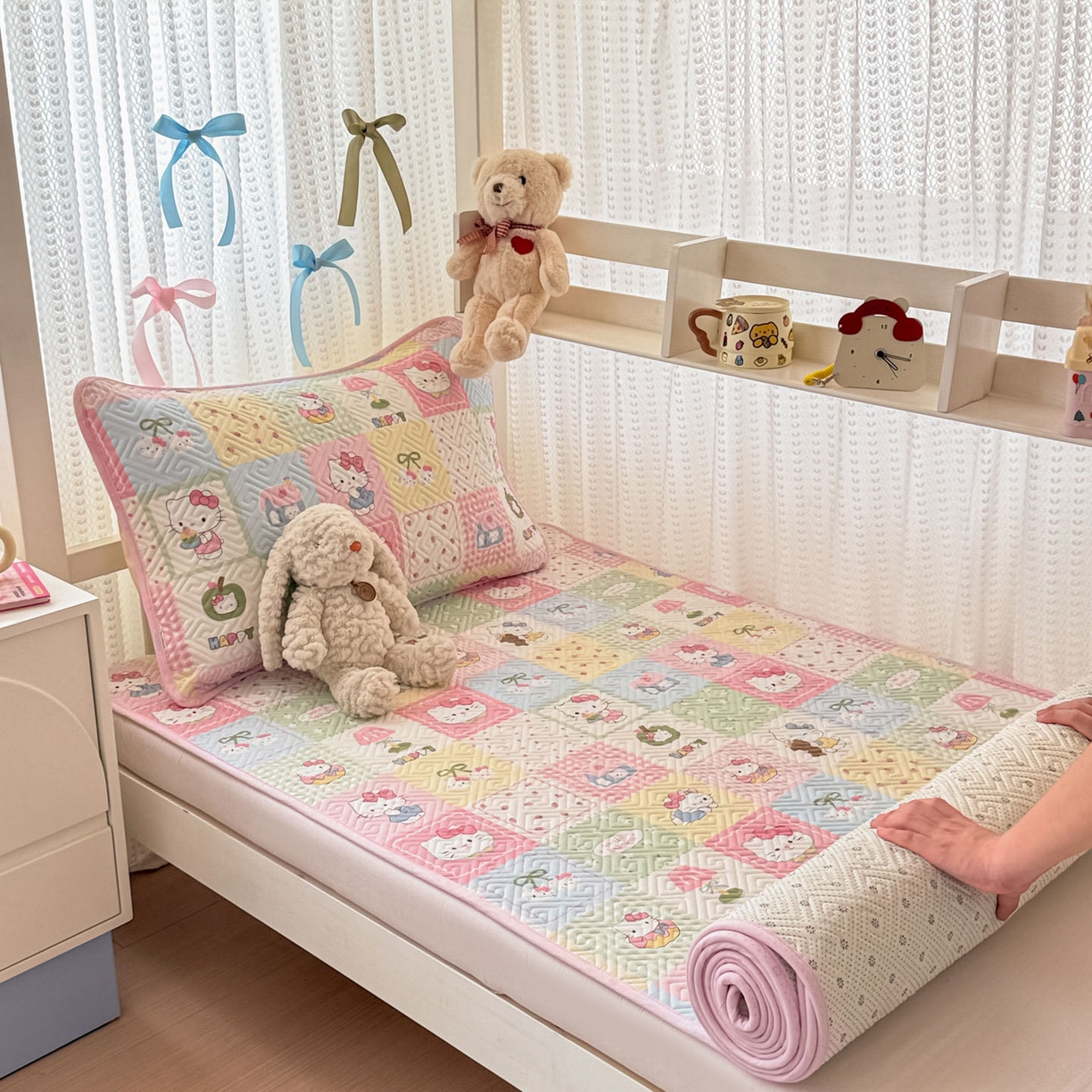 91家纺网 家纺一手货源 找家纺 简宜家居（朝初家纺） 2025新款全棉纯棉夹棉床盖学生宿舍上下铺三件套 拼布乐园-夹棉款