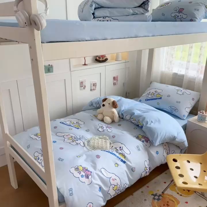 91家纺网 家纺一手货源 找家纺 浩诚 2025新款三丽鸥专版花型全棉纯棉学生三件套四件套 奶霜