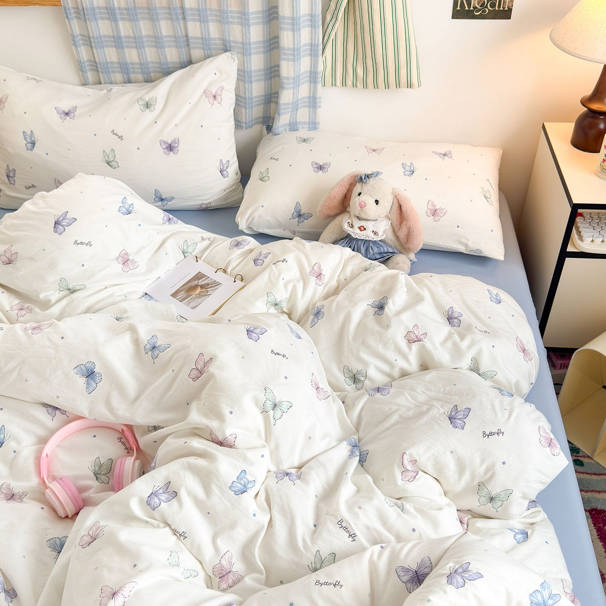 罗亿家纺 2025新款软绵绵的双拼印花小清新水洗云朵棉四件套(第二批) 彩蝴蝶